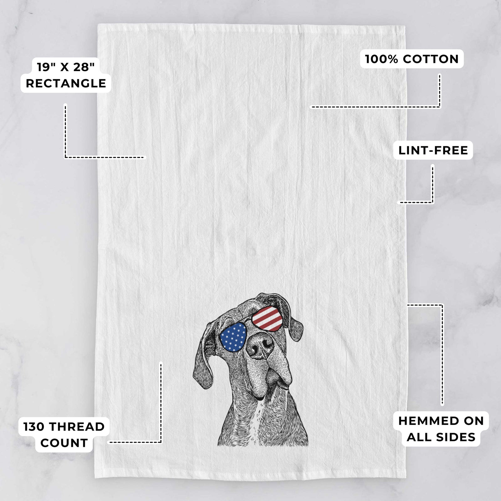 Hand-drawn sketch of River the Great Dane wearing American flag sunglasses on a tea towel, with feature callouts: 19 x 28 inch rectangle, 100% cotton, lint-free, 120 thread count, hemmed on all sides