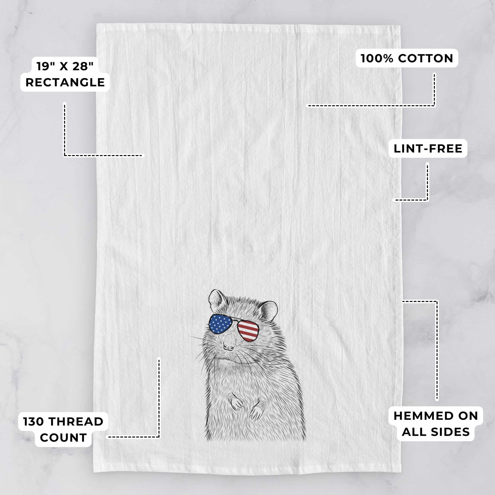 Hand-drawn sketch of Rizzo the Rat wearing American flag sunglasses on a tea towel, with feature callouts: 19 x 28 inch rectangle, 100% cotton, lint-free, 120 thread count, hemmed on all sides