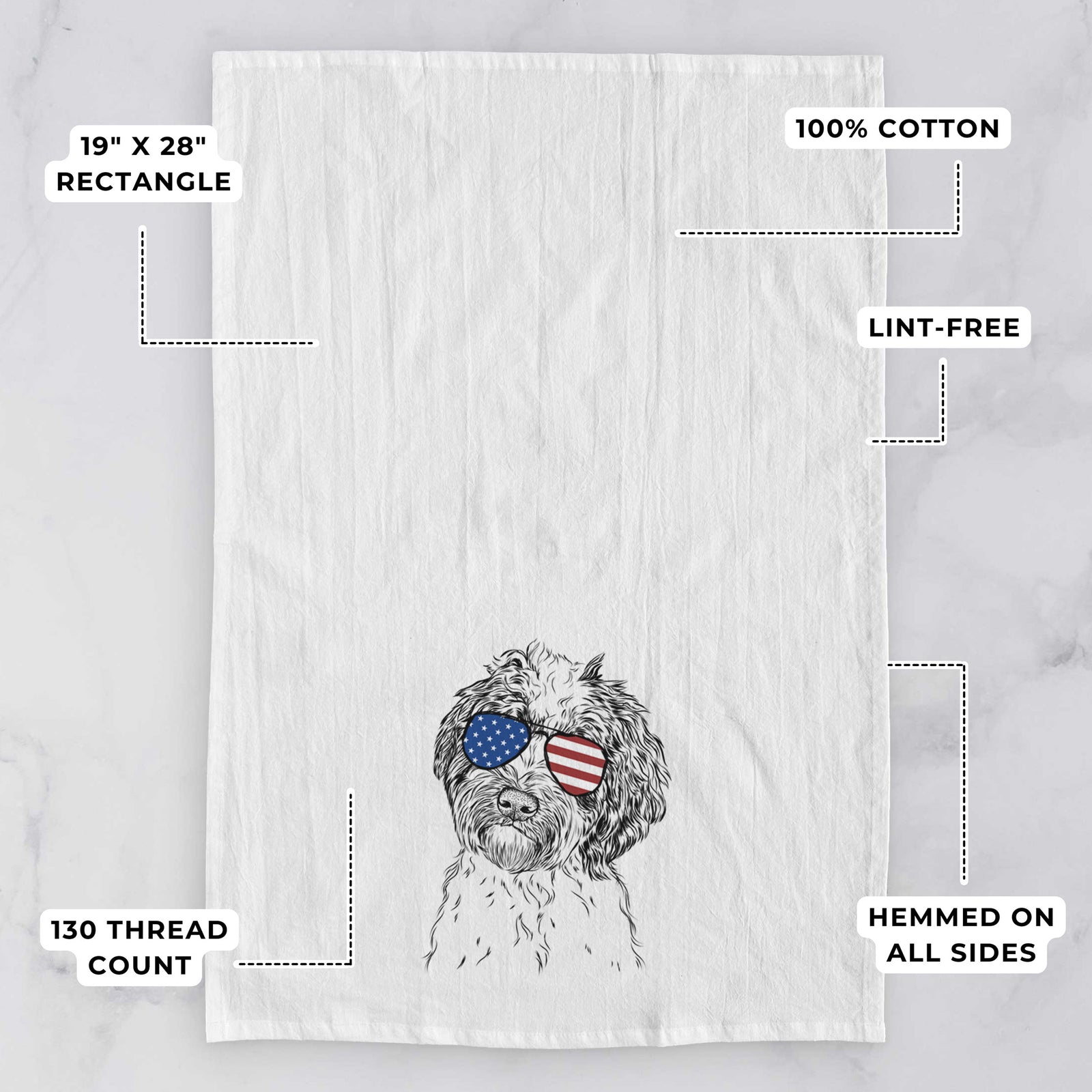 Hand-drawn sketch of Rooney the Aussiedoodle wearing American flag sunglasses on a tea towel, with feature callouts: 19 x 28 inch rectangle, 100% cotton, lint-free, 120 thread count, hemmed on all sides