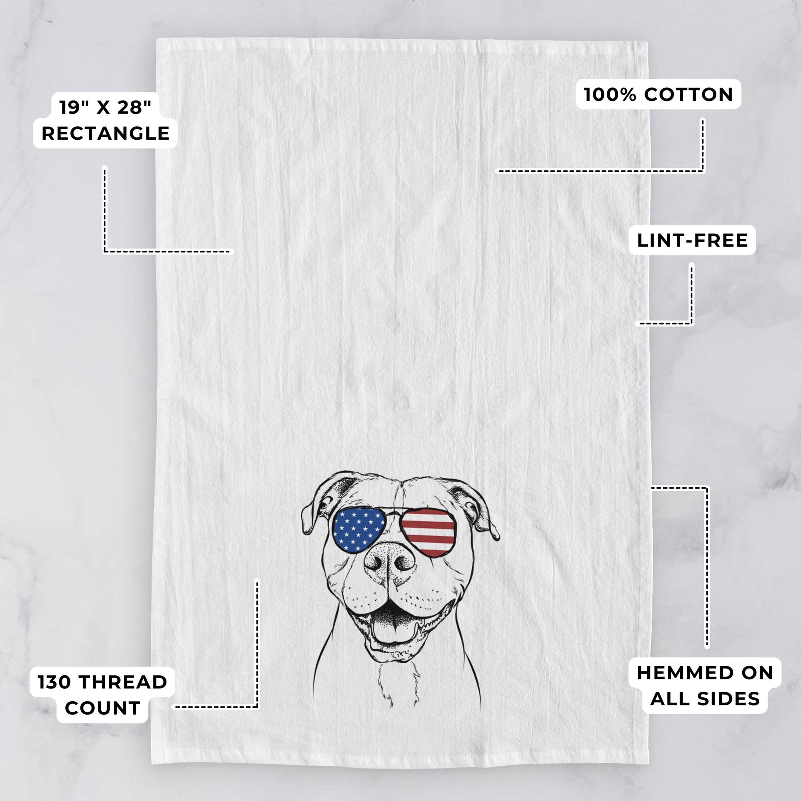 Hand-drawn sketch of Roscoe the Pitbull wearing American flag sunglasses on a tea towel, with feature callouts: 19 x 28 inch rectangle, 100% cotton, lint-free, 120 thread count, hemmed on all sides