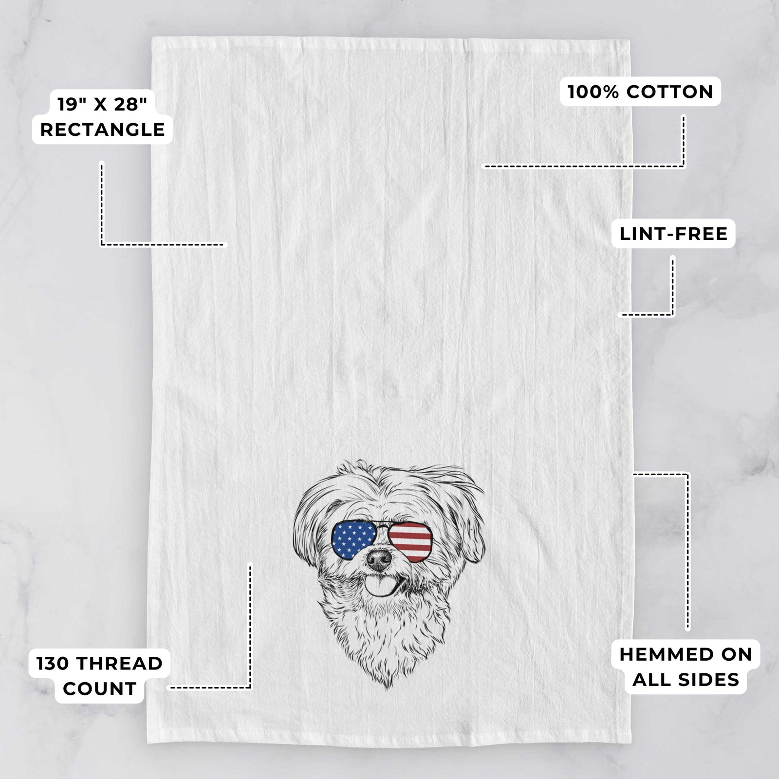 Hand-drawn sketch of Rosie the Maltipoo wearing American flag sunglasses on a tea towel, with feature callouts: 19 x 28 inch rectangle, 100% cotton, lint-free, 120 thread count, hemmed on all sides