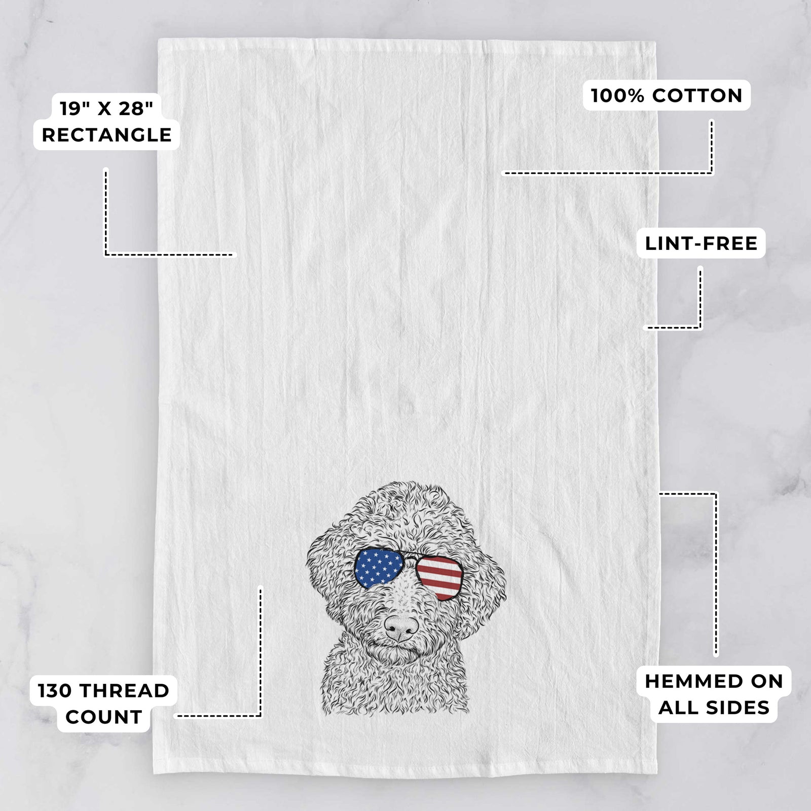Hand-drawn sketch of Ross the Lagotto Romagnolo wearing American flag sunglasses on a tea towel, with feature callouts: 19 x 28 inch rectangle, 100% cotton, lint-free, 120 thread count, hemmed on all sides