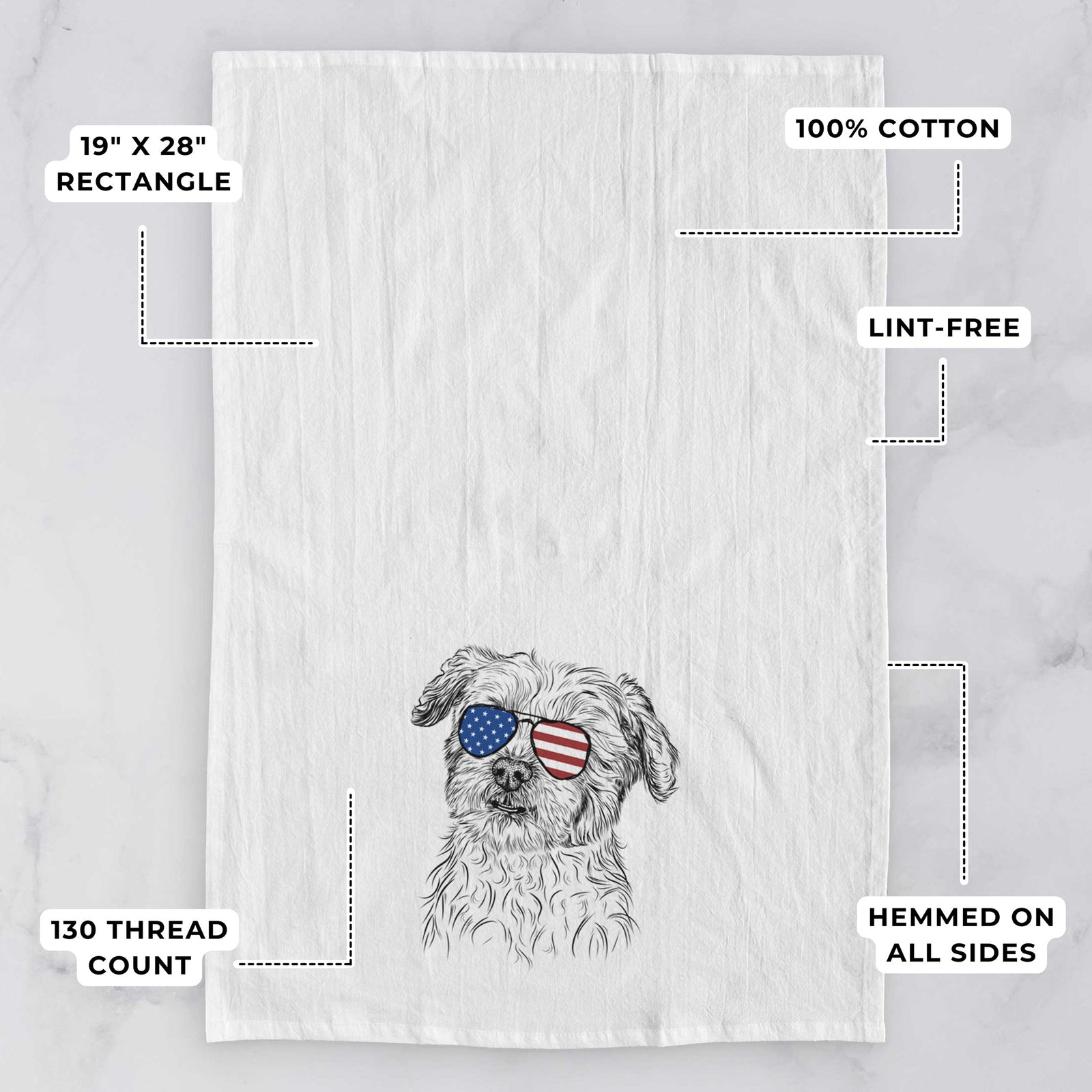 Hand-drawn sketch of Roxie the Schnauzer Shih Tzu Mix wearing American flag sunglasses on a tea towel, with feature callouts: 19 x 28 inch rectangle, 100% cotton, lint-free, 120 thread count, hemmed on all sides