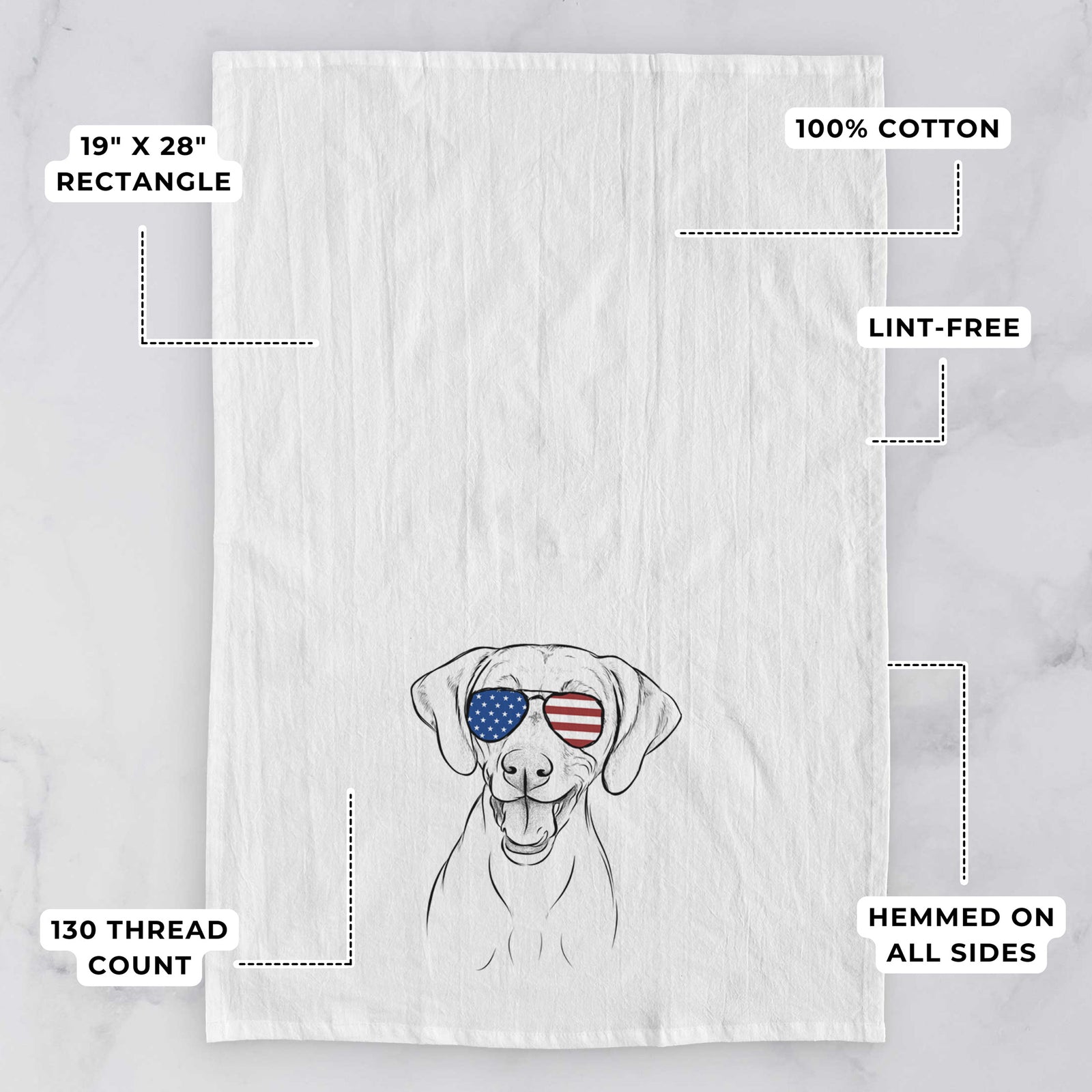 Hand-drawn sketch of Ruby the Vizsla wearing American flag sunglasses on a tea towel, with feature callouts: 19 x 28 inch rectangle, 100% cotton, lint-free, 120 thread count, hemmed on all sides
