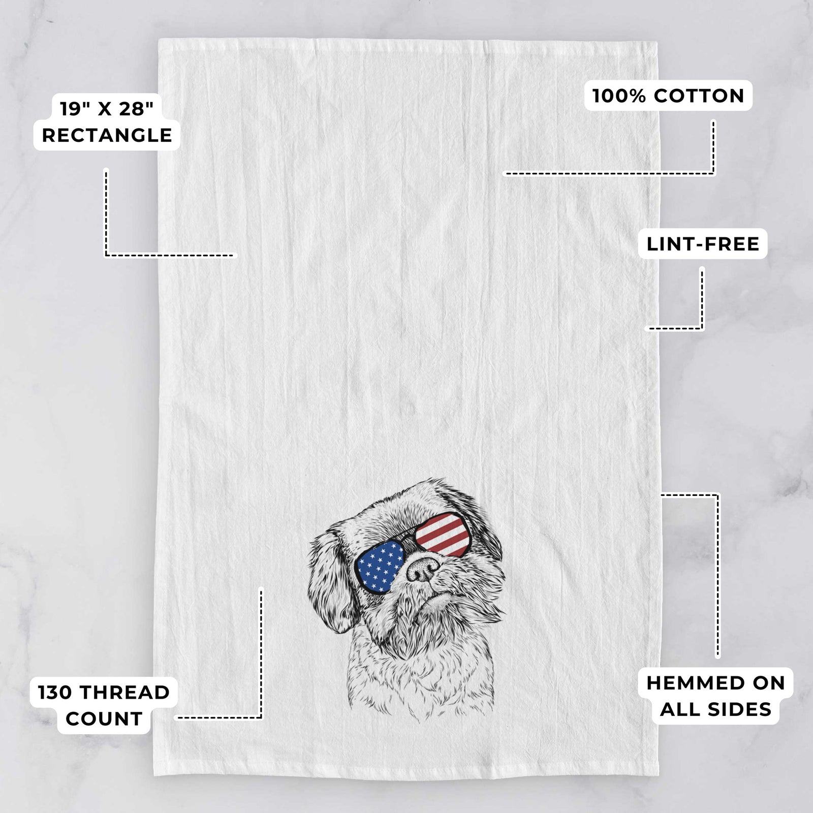Hand-drawn sketch of Rufus the Shiffon wearing American flag sunglasses on a tea towel, with feature callouts: 19 x 28 inch rectangle, 100% cotton, lint-free, 120 thread count, hemmed on all sides