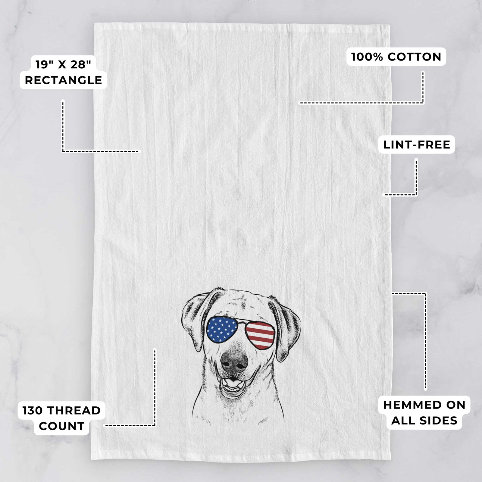 Hand-drawn sketch of Rusty the Labrador Retriever wearing American flag sunglasses on a tea towel, with feature callouts: 19 x 28 inch rectangle, 100% cotton, lint-free, 120 thread count, hemmed on all sides