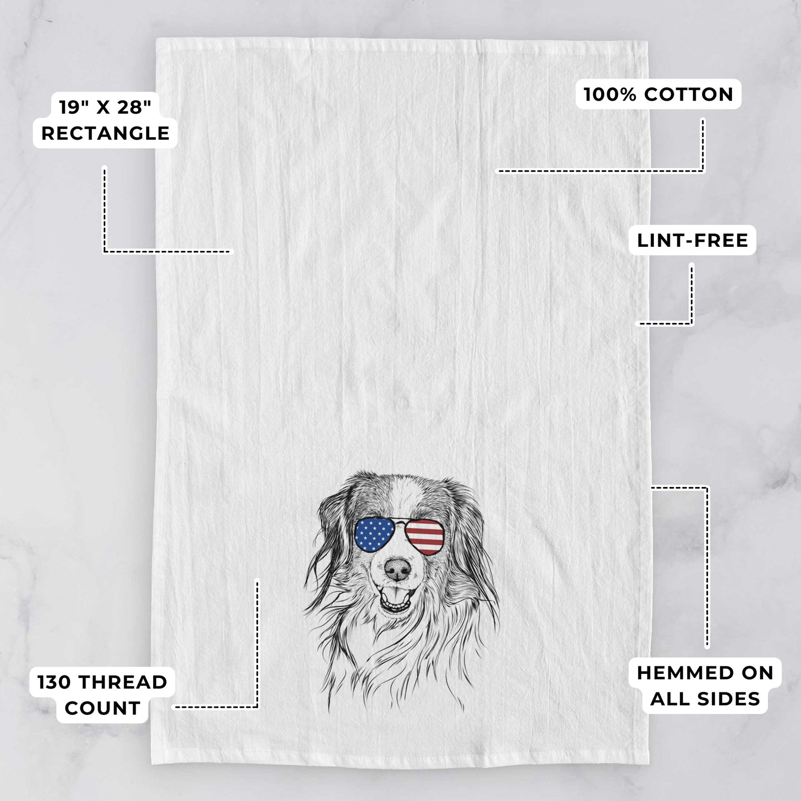 Hand-drawn sketch of Rutger the Nederlandse Kooikerhondje wearing American flag sunglasses on a tea towel, with feature callouts: 19 x 28 inch rectangle, 100% cotton, lint-free, 120 thread count, hemmed on all sides