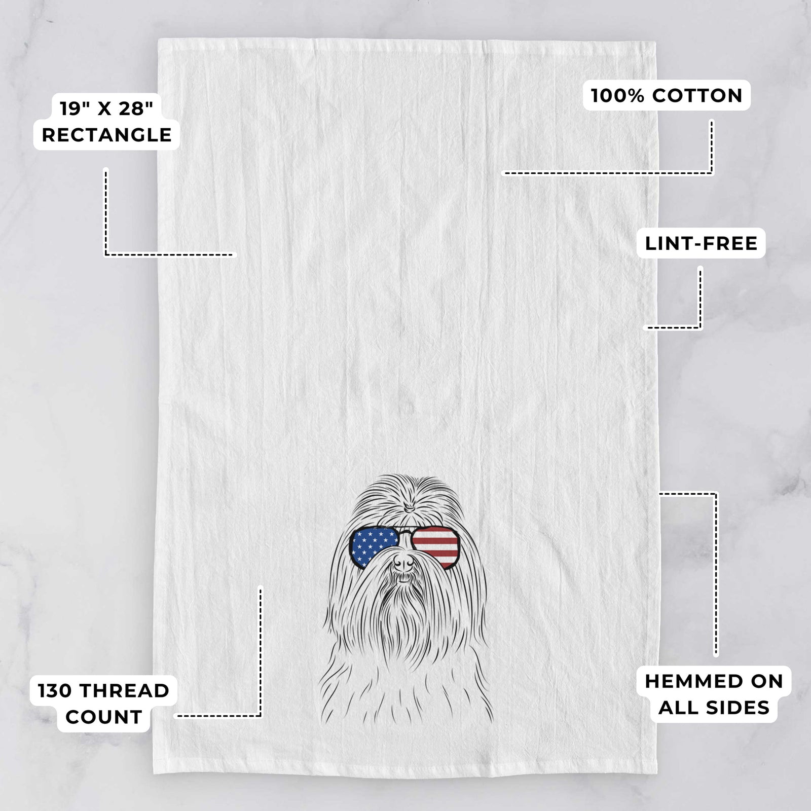 Hand-drawn sketch of Sabine the Shih Tzu wearing American flag sunglasses on a tea towel, with feature callouts: 19 x 28 inch rectangle, 100% cotton, lint-free, 120 thread count, hemmed on all sides