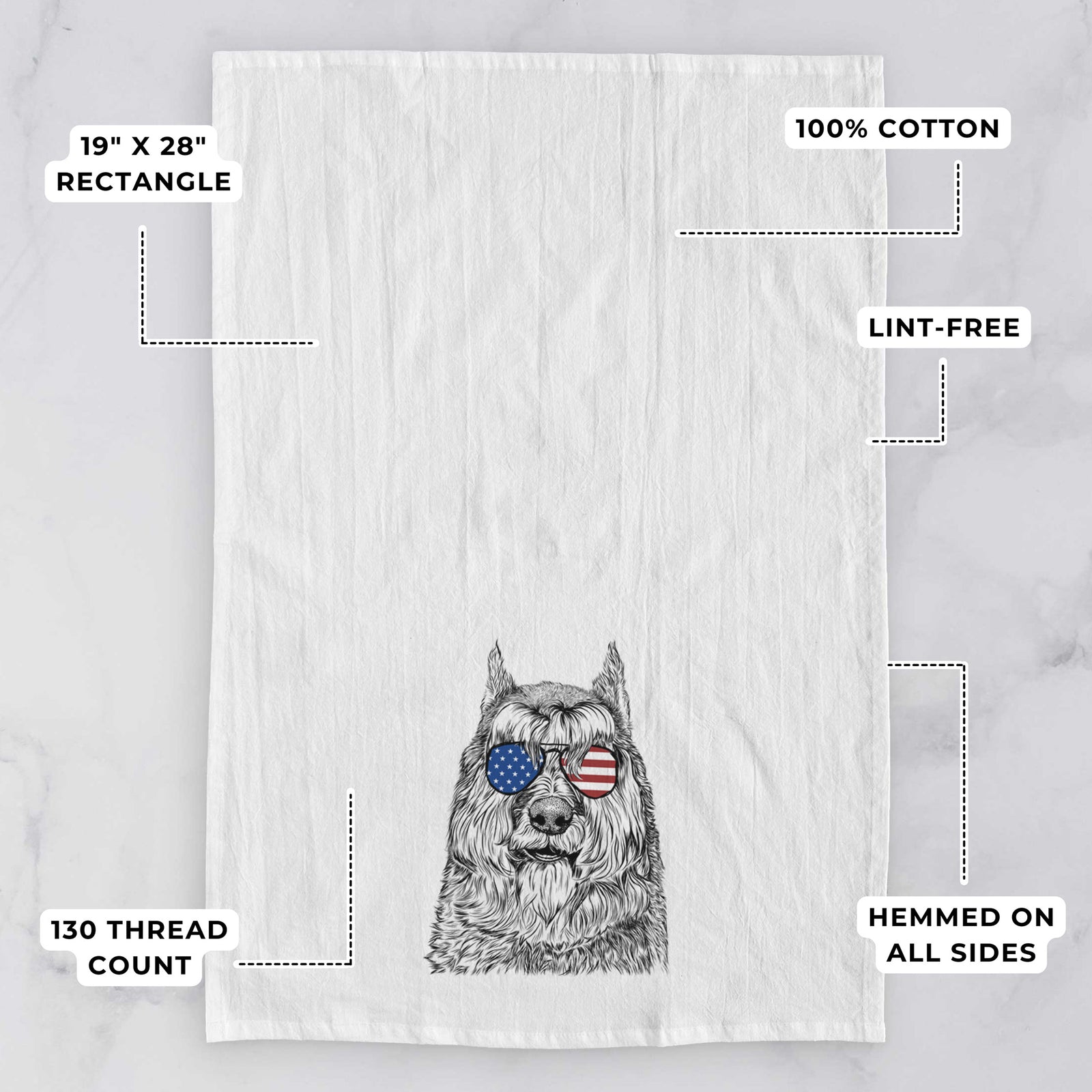 Hand-drawn sketch of Sabre the Bouvier Des Flandres wearing American flag sunglasses on a tea towel, with feature callouts: 19 x 28 inch rectangle, 100% cotton, lint-free, 120 thread count, hemmed on all sides