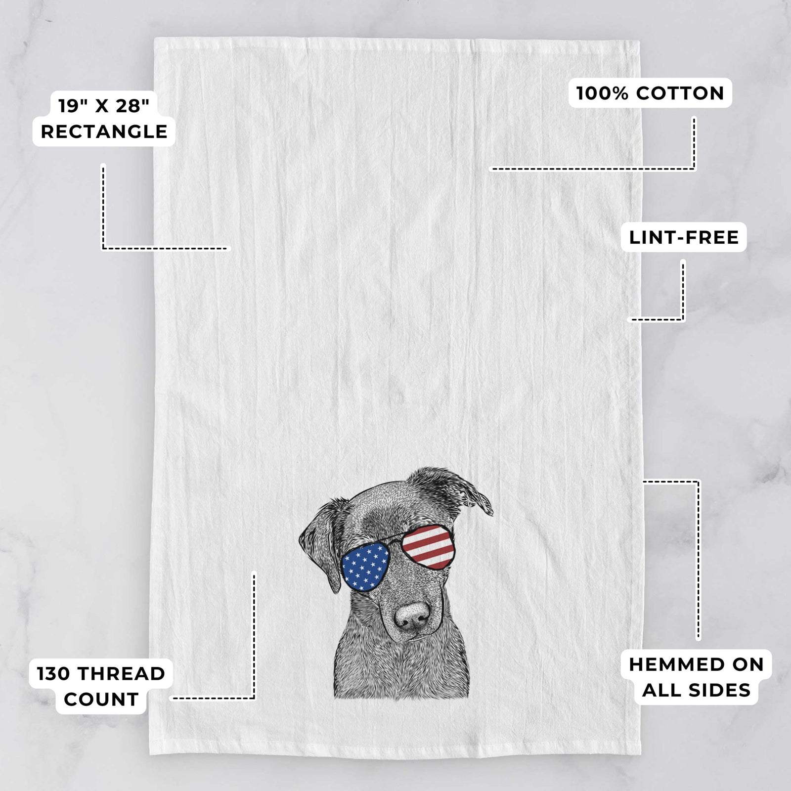 Hand-drawn sketch of Sadie the Whipador wearing American flag sunglasses on a tea towel, with feature callouts: 19 x 28 inch rectangle, 100% cotton, lint-free, 120 thread count, hemmed on all sides