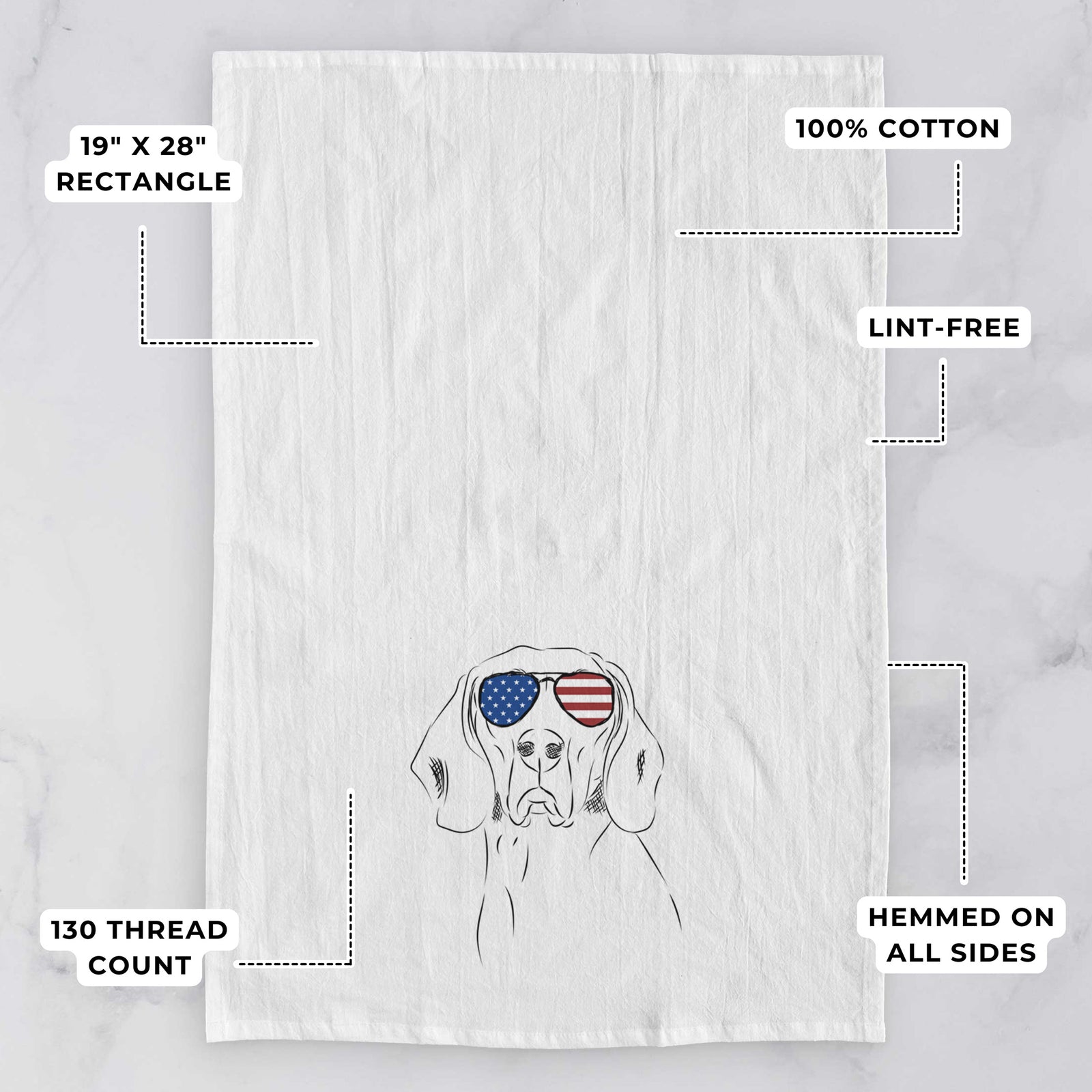 Hand-drawn sketch of Sagan the Coonhound wearing American flag sunglasses on a tea towel, with feature callouts: 19 x 28 inch rectangle, 100% cotton, lint-free, 120 thread count, hemmed on all sides