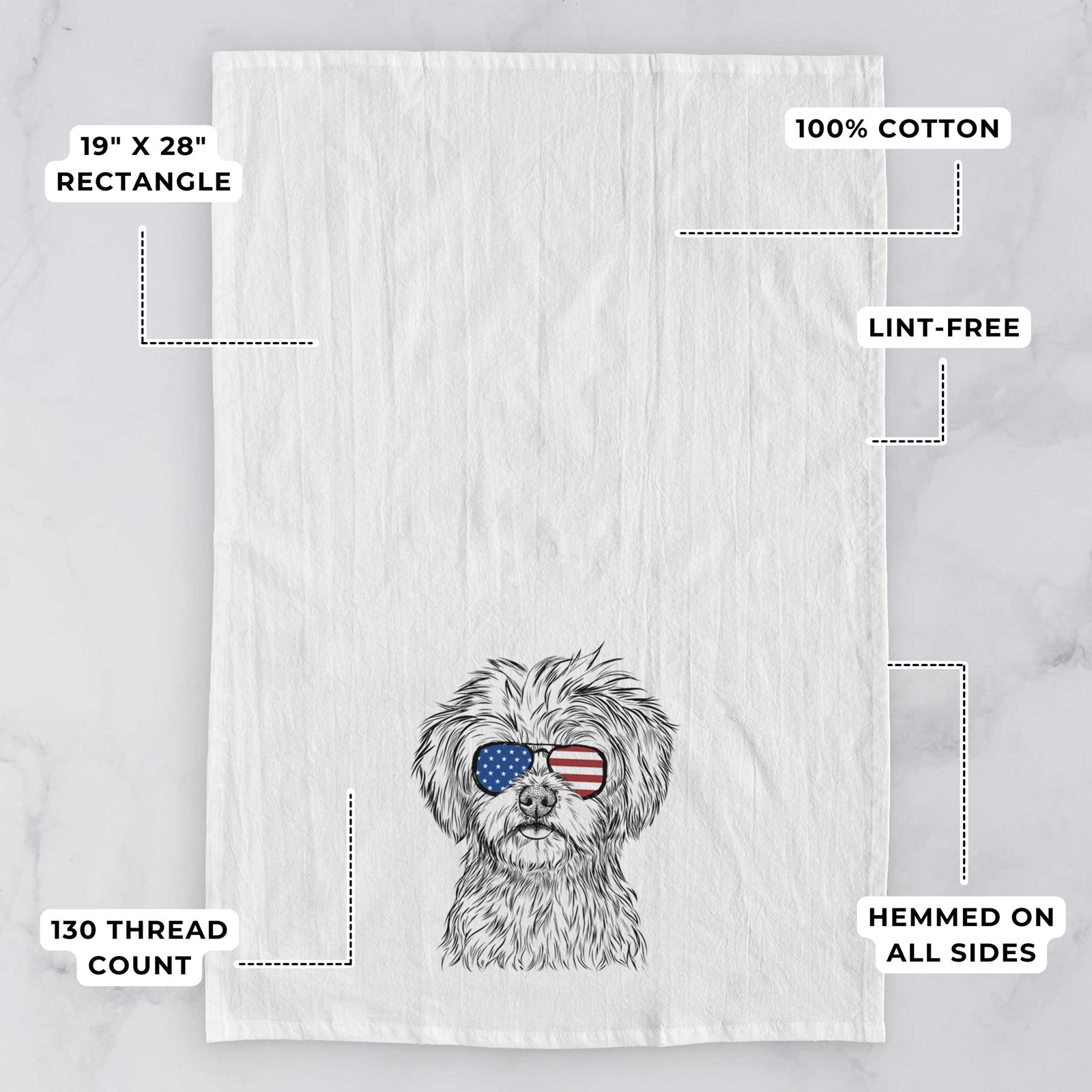 Hand-drawn sketch of Sammy the Shorkie wearing American flag sunglasses on a tea towel, with feature callouts: 19 x 28 inch rectangle, 100% cotton, lint-free, 120 thread count, hemmed on all sides