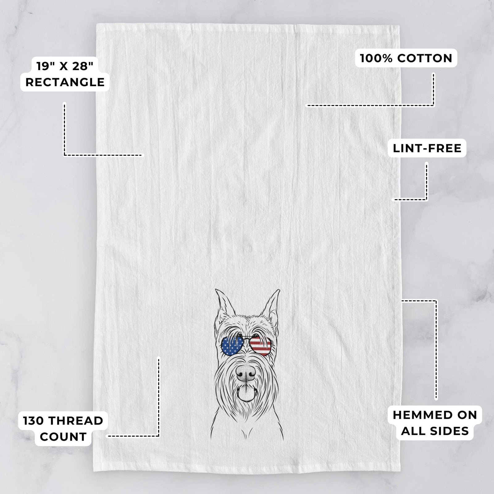 Hand-drawn sketch of Samuel the Standard Schnauzer wearing American flag sunglasses on a tea towel, with feature callouts: 19 x 28 inch rectangle, 100% cotton, lint-free, 120 thread count, hemmed on all sides