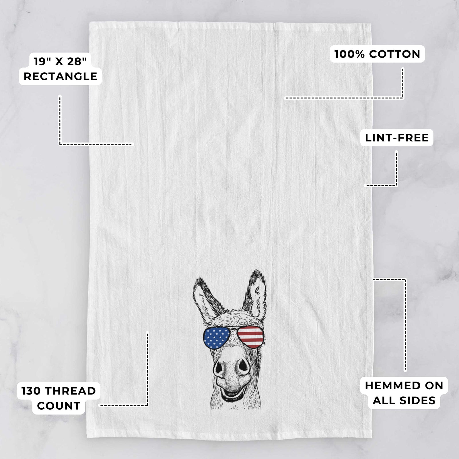 Hand-drawn sketch of Samule the Donkey wearing American flag sunglasses on a tea towel, with feature callouts: 19 x 28 inch rectangle, 100% cotton, lint-free, 120 thread count, hemmed on all sides