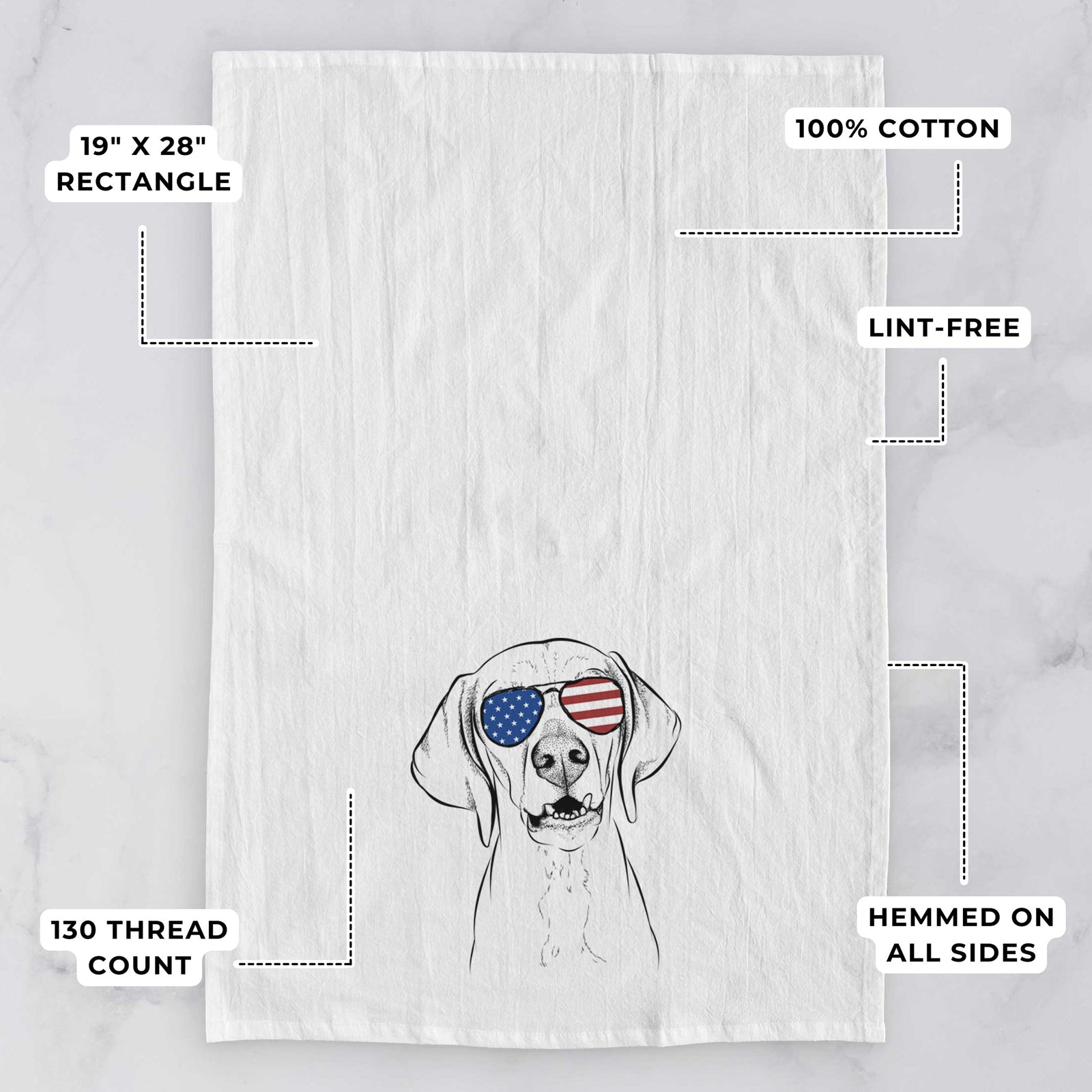 Hand-drawn sketch of Sarge the Vizsla wearing American flag sunglasses on a tea towel, with feature callouts: 19 x 28 inch rectangle, 100% cotton, lint-free, 120 thread count, hemmed on all sides