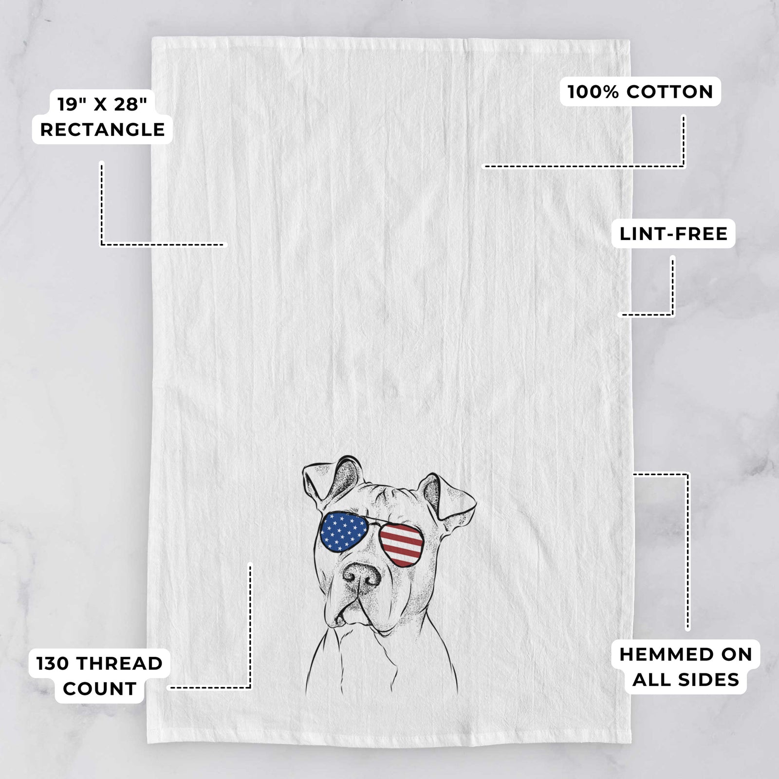 Hand-drawn sketch of Scraps the American Staffordshire Mix wearing American flag sunglasses on a tea towel, with feature callouts: 19 x 28 inch rectangle, 100% cotton, lint-free, 120 thread count, hemmed on all sides