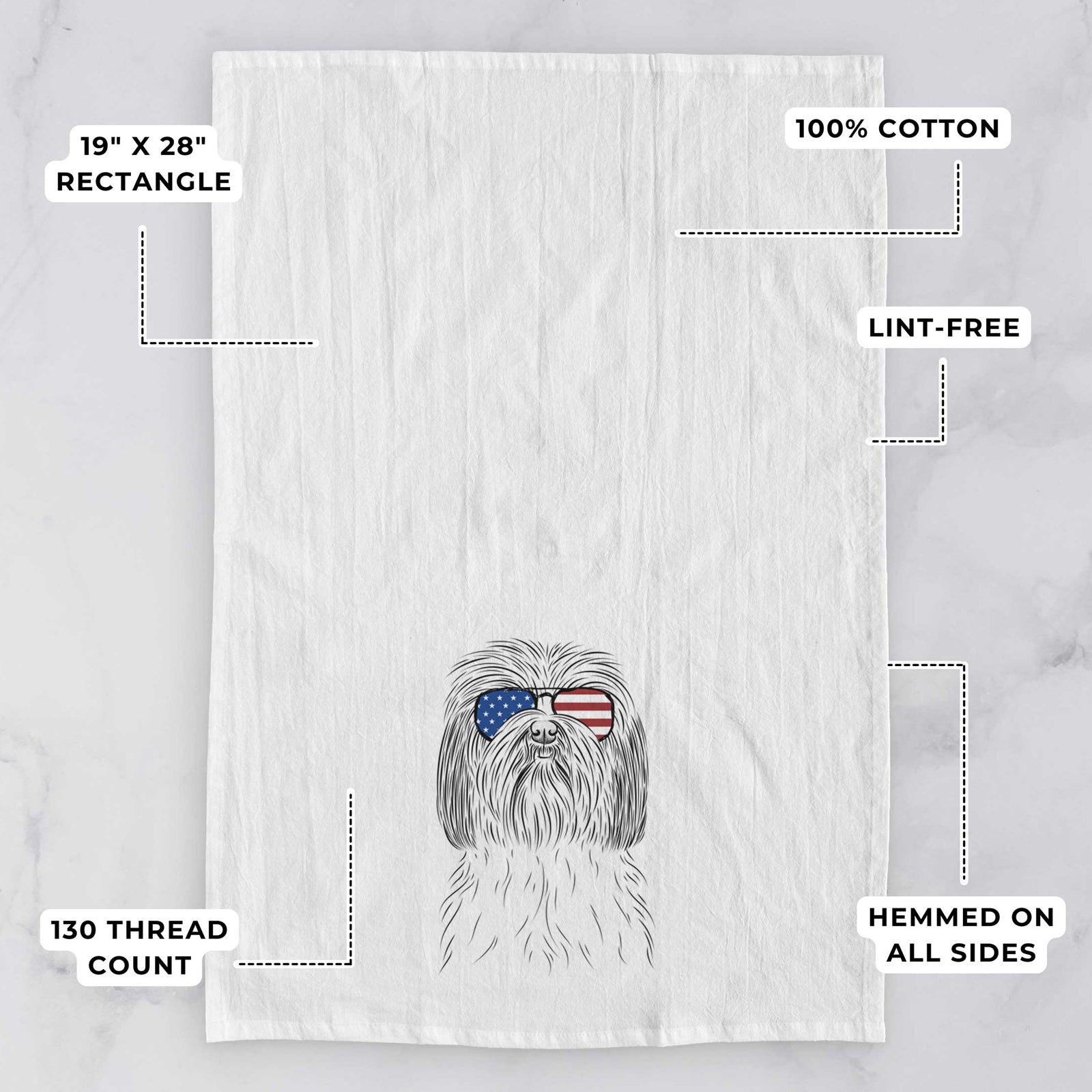 Hand-drawn sketch of Scully the Shih Tzu wearing American flag sunglasses on a tea towel, with feature callouts: 19 x 28 inch rectangle, 100% cotton, lint-free, 120 thread count, hemmed on all sides