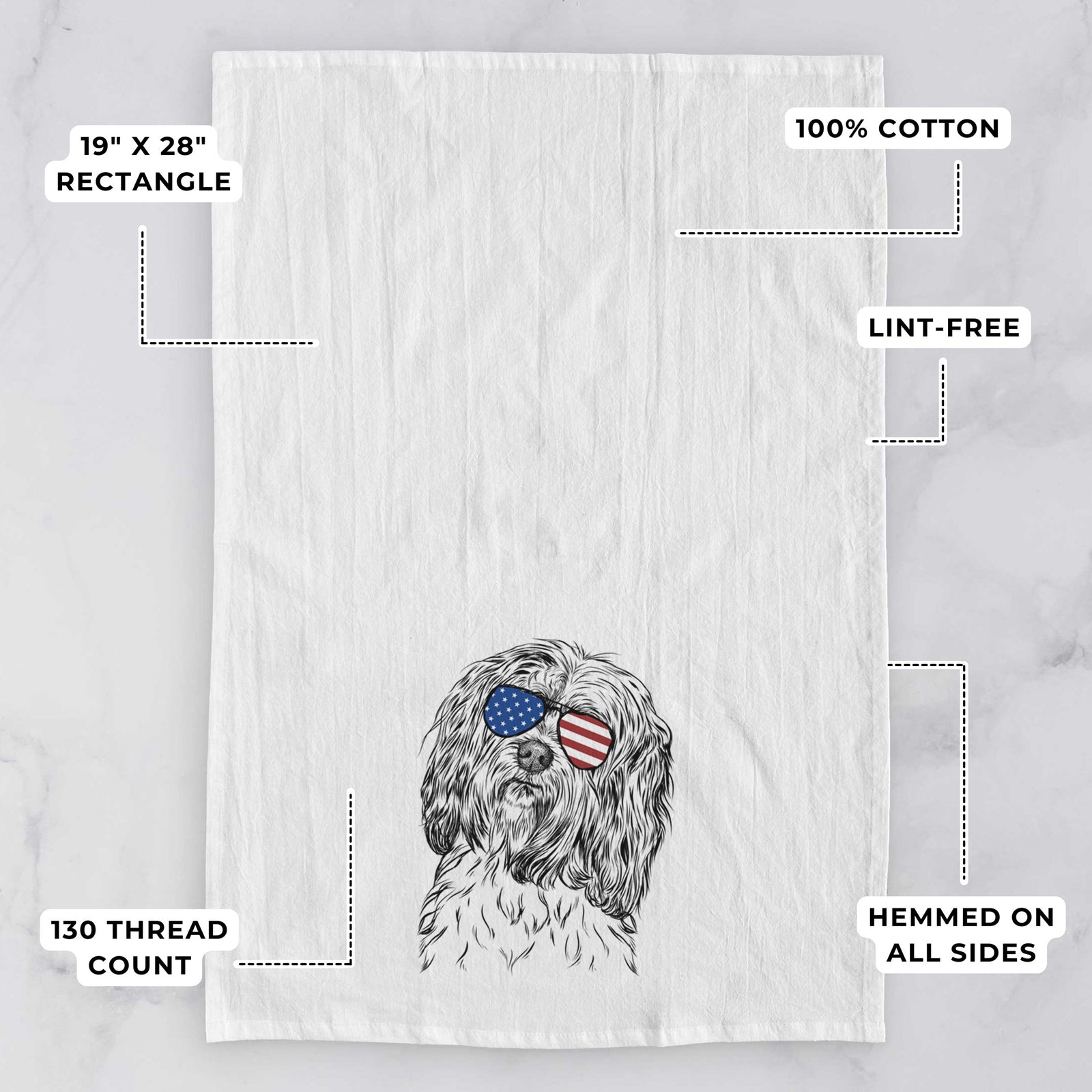 Hand-drawn sketch of Shenpa the Tibetan Terrier wearing American flag sunglasses on a tea towel, with feature callouts: 19 x 28 inch rectangle, 100% cotton, lint-free, 120 thread count, hemmed on all sides