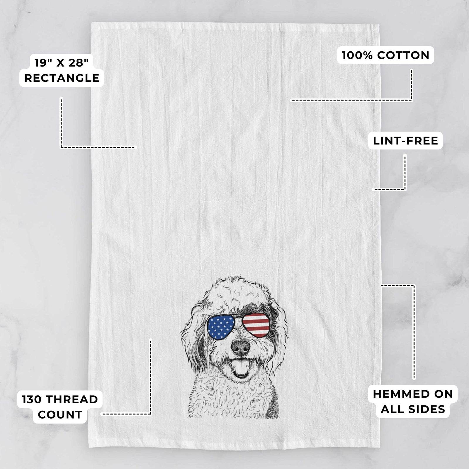 Hand-drawn sketch of Sherlock the Sheepadoodle wearing American flag sunglasses on a tea towel, with feature callouts: 19 x 28 inch rectangle, 100% cotton, lint-free, 120 thread count, hemmed on all sides