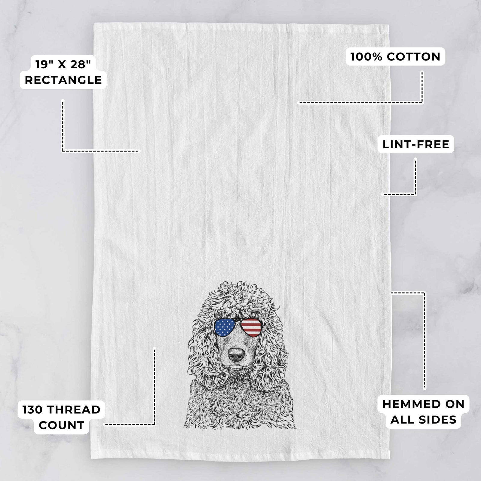 Hand-drawn sketch of Shilo the Irish Water Spaniel wearing American flag sunglasses on a tea towel, with feature callouts: 19 x 28 inch rectangle, 100% cotton, lint-free, 120 thread count, hemmed on all sides