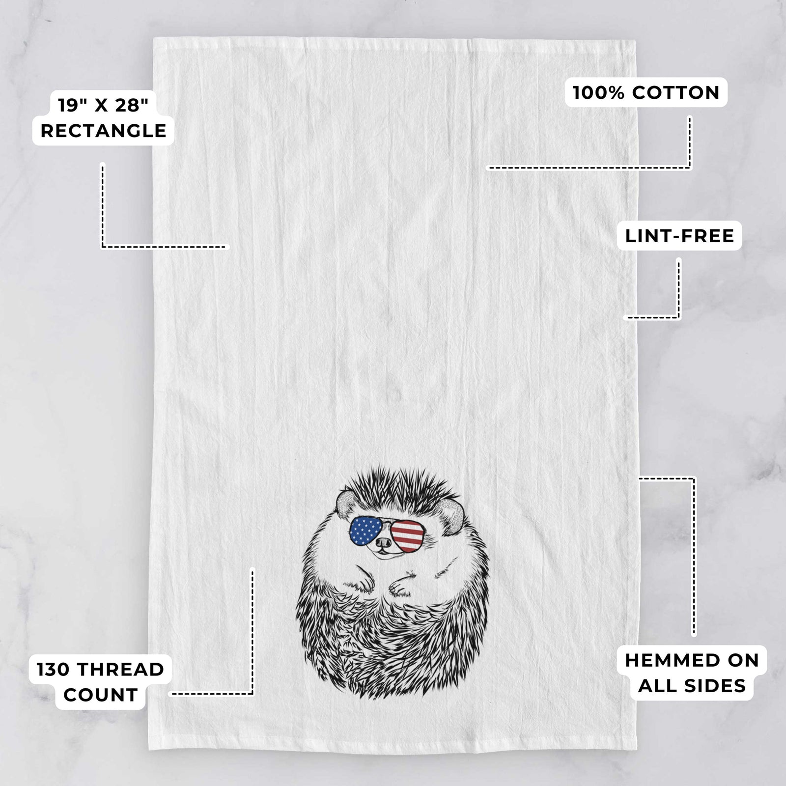 Hand-drawn sketch of Sid the Hedgehog wearing American flag sunglasses on a tea towel, with feature callouts: 19 x 28 inch rectangle, 100% cotton, lint-free, 120 thread count, hemmed on all sides