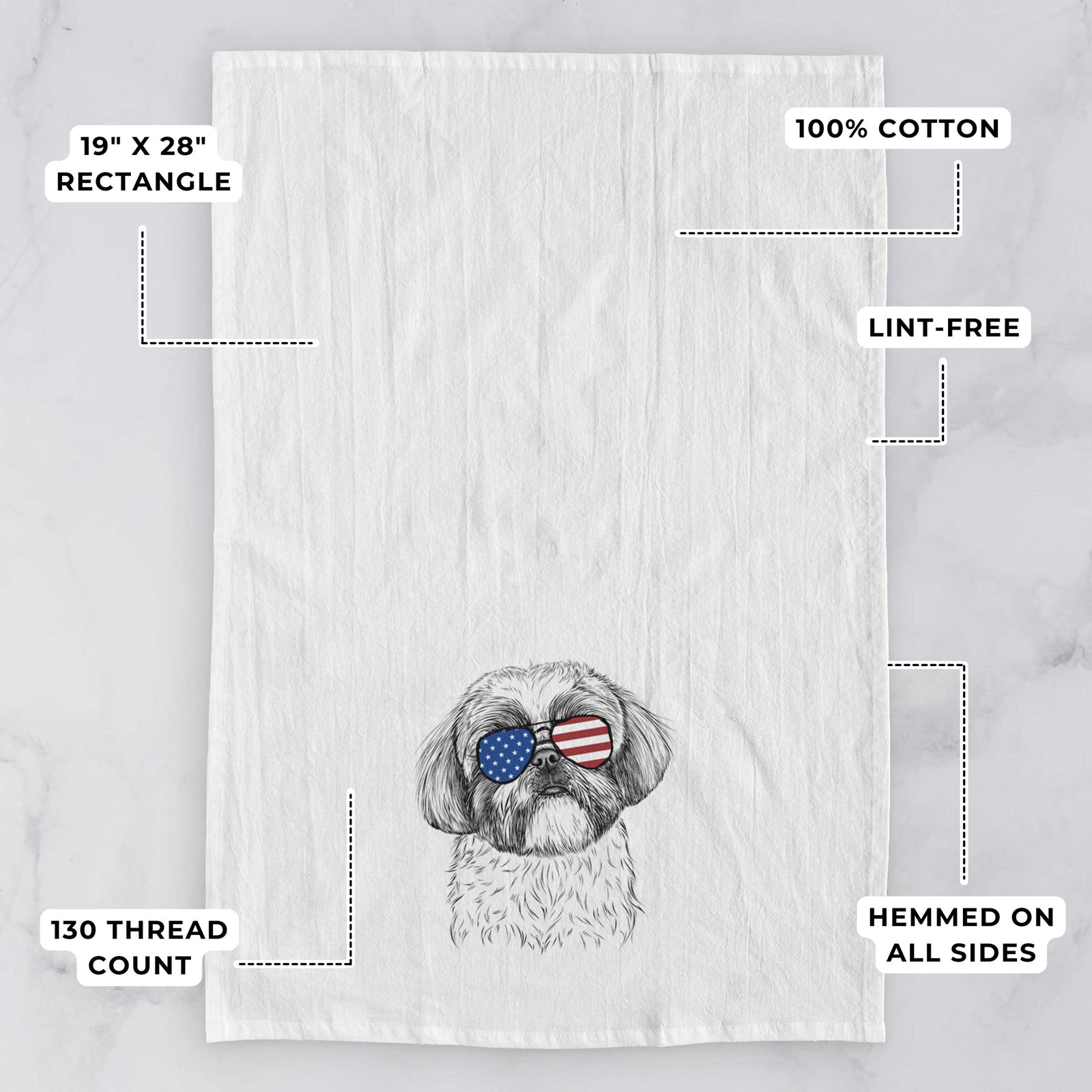 Hand-drawn sketch of Simon the Shih Tzu wearing American flag sunglasses on a tea towel, with feature callouts: 19 x 28 inch rectangle, 100% cotton, lint-free, 120 thread count, hemmed on all sides