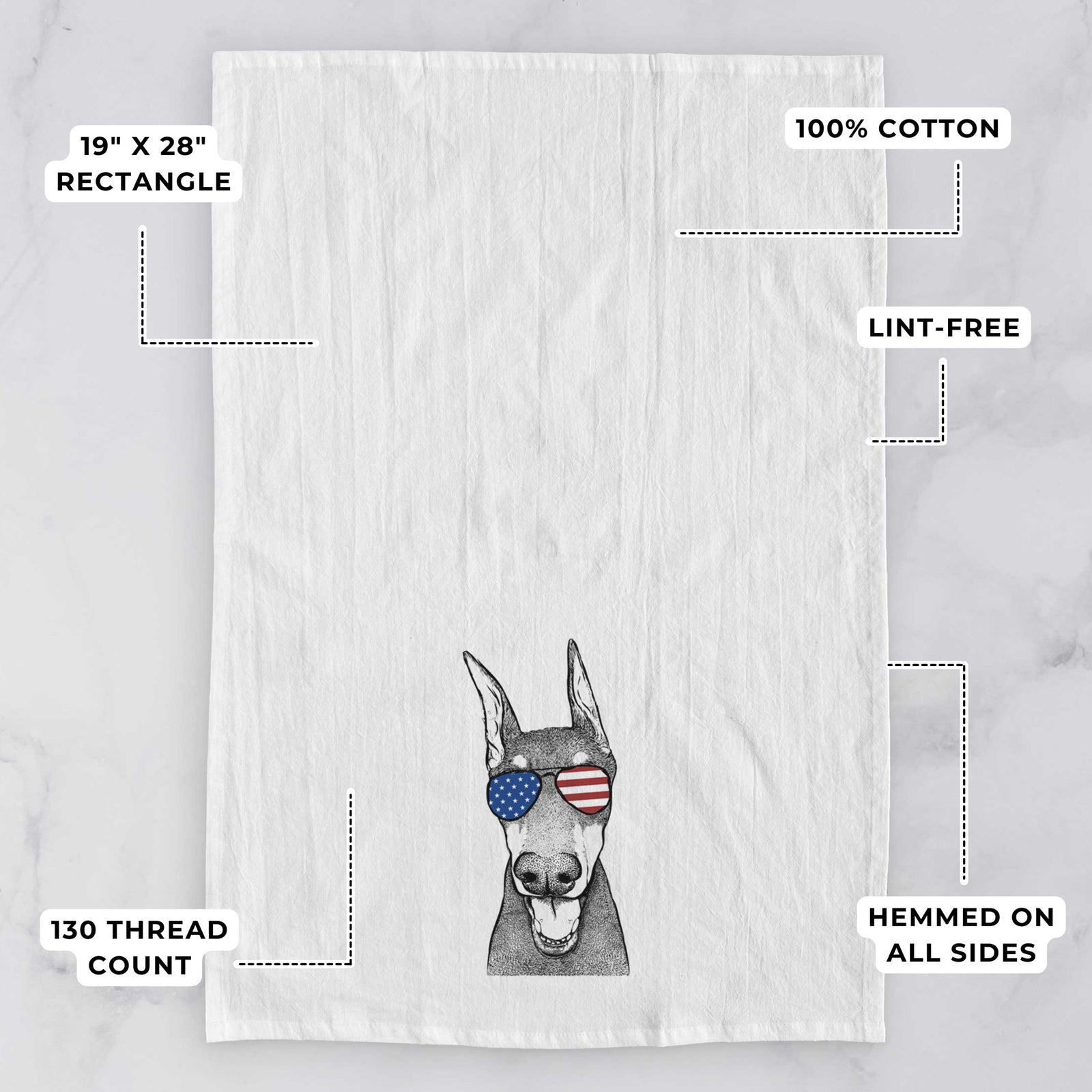 Hand-drawn sketch of Sir Duke the Doberman Pinscher wearing American flag sunglasses on a tea towel, with feature callouts: 19 x 28 inch rectangle, 100% cotton, lint-free, 120 thread count, hemmed on all sides