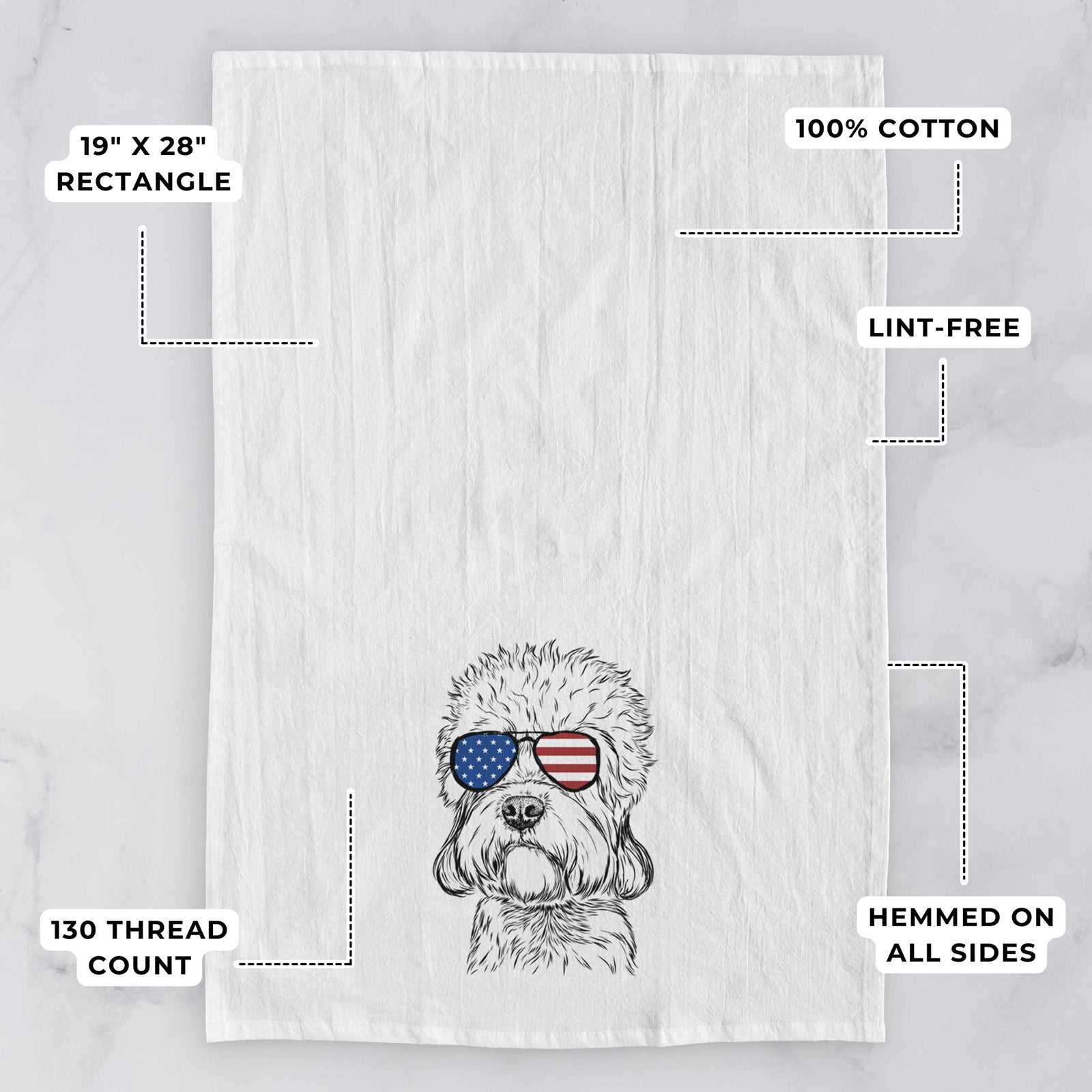 Hand-drawn sketch of Sir Walter the Dandie Dinmont Terrier wearing American flag sunglasses on a tea towel, with feature callouts: 19 x 28 inch rectangle, 100% cotton, lint-free, 120 thread count, hemmed on all sides