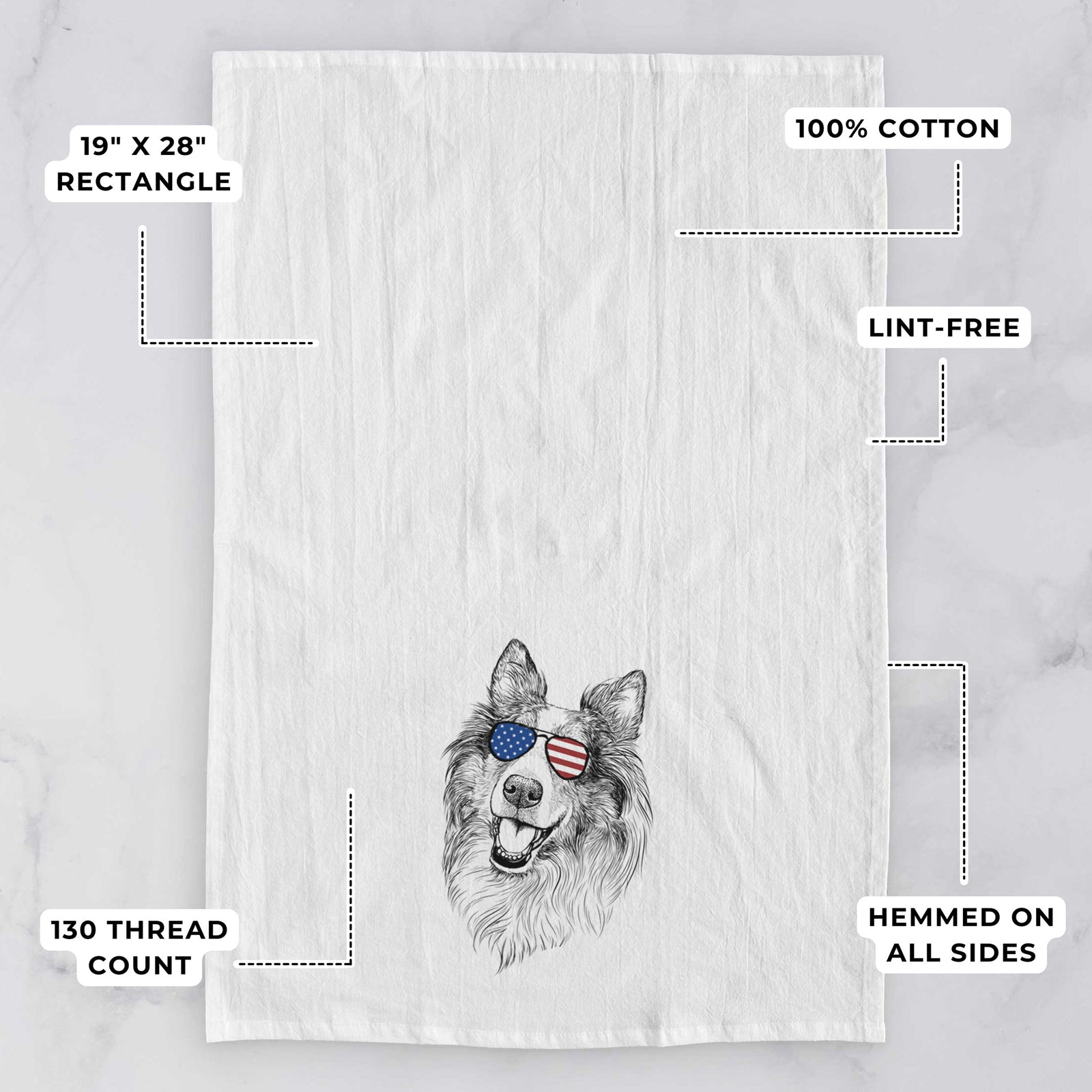 Hand-drawn sketch of Skylar the Shetland Sheepdog wearing American flag sunglasses on a tea towel, with feature callouts: 19 x 28 inch rectangle, 100% cotton, lint-free, 120 thread count, hemmed on all sides