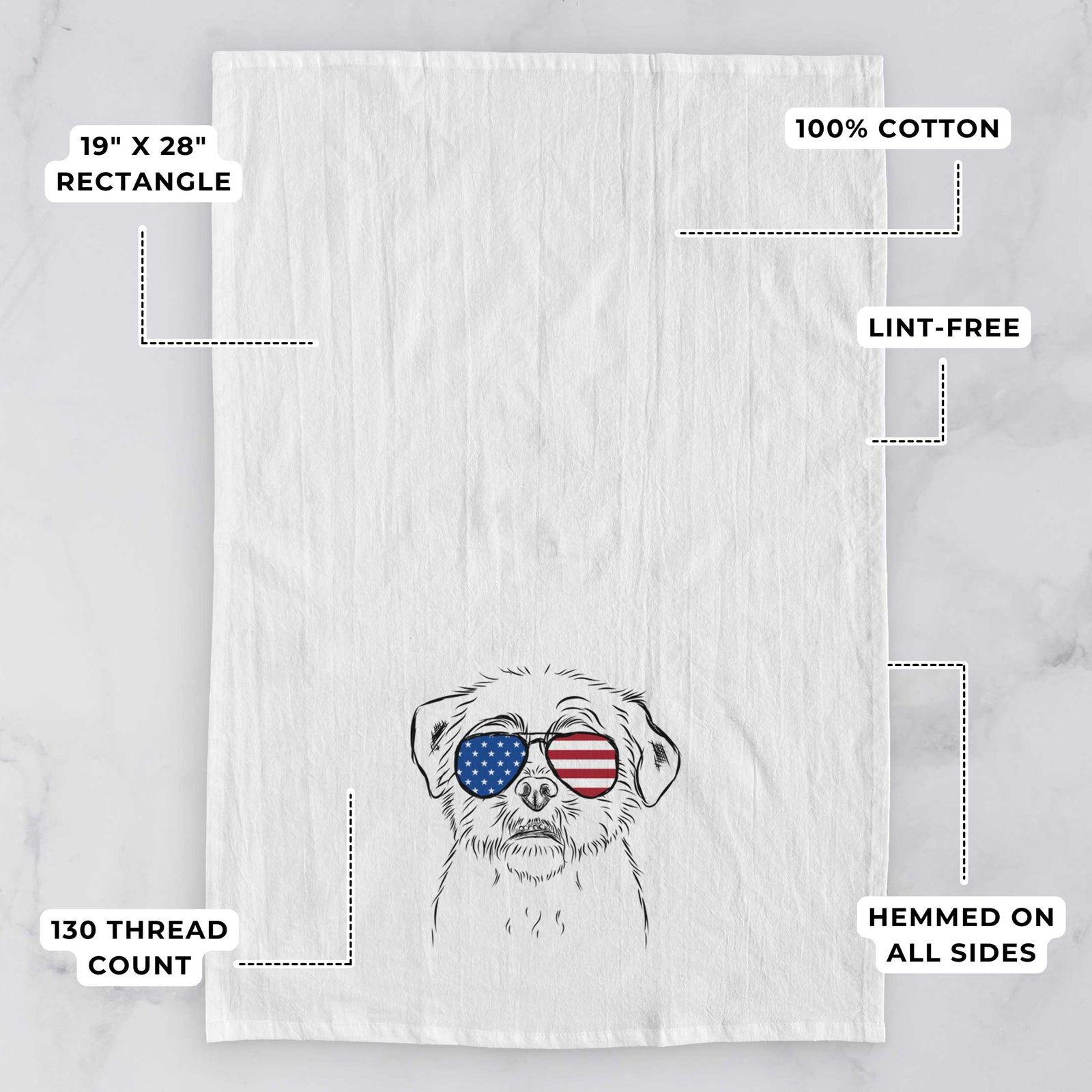 Hand-drawn sketch of Smash the Shih Tzu wearing American flag sunglasses on a tea towel, with feature callouts: 19 x 28 inch rectangle, 100% cotton, lint-free, 120 thread count, hemmed on all sides