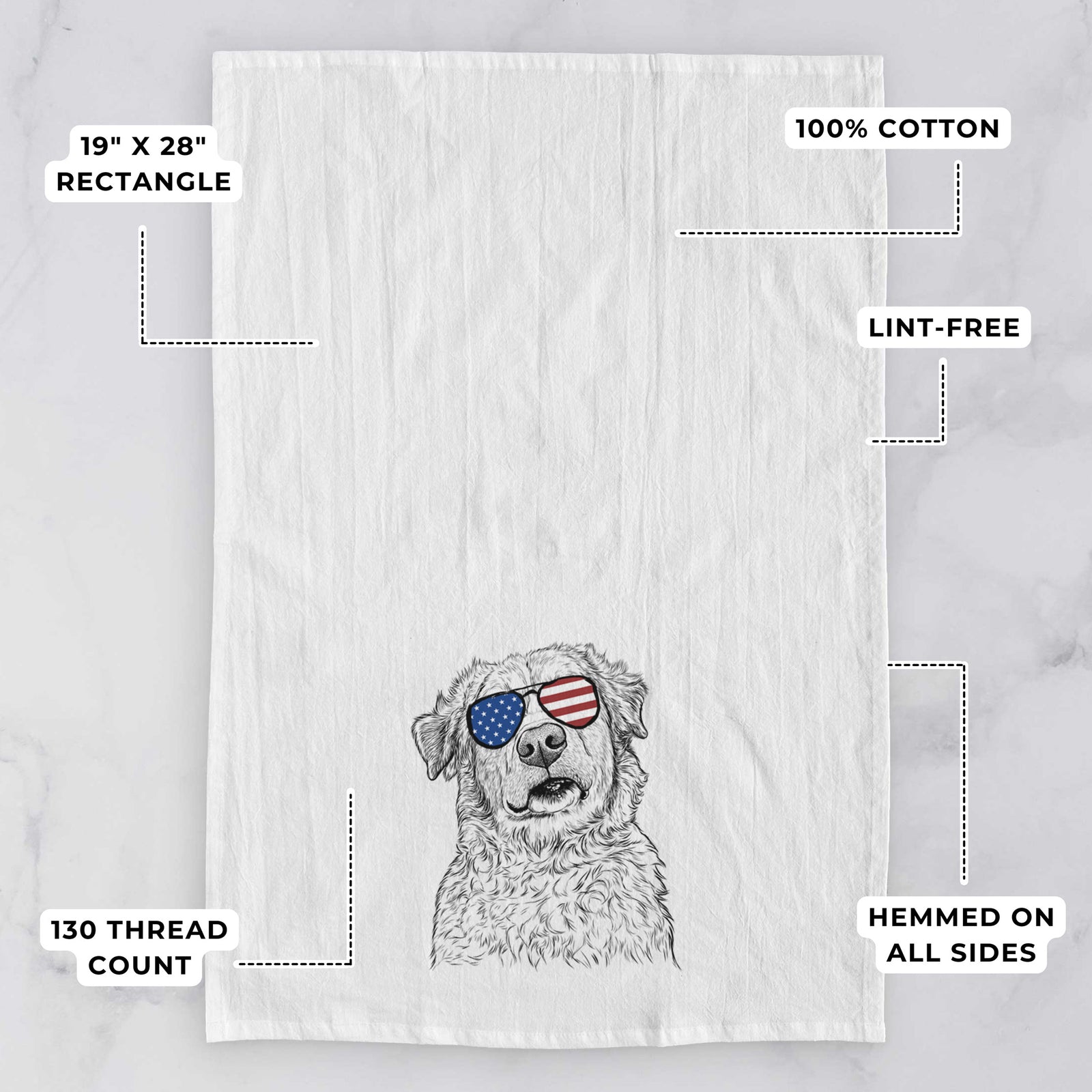 Hand-drawn sketch of Smokey Jam the Middle Eastern Village Dog wearing American flag sunglasses on a tea towel, with feature callouts: 19 x 28 inch rectangle, 100% cotton, lint-free, 120 thread count, hemmed on all sides
