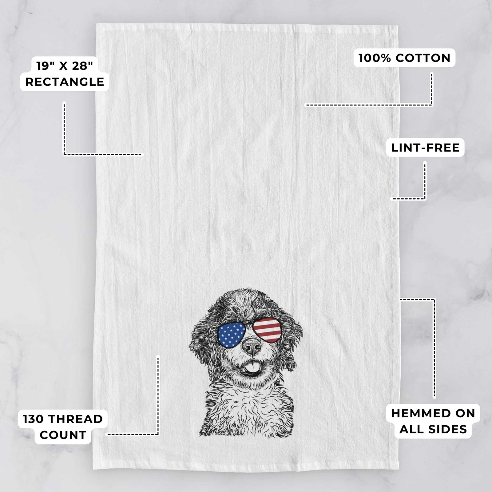 Hand-drawn sketch of Smoky the Bernedoodle Puppy wearing American flag sunglasses on a tea towel, with feature callouts: 19 x 28 inch rectangle, 100% cotton, lint-free, 120 thread count, hemmed on all sides