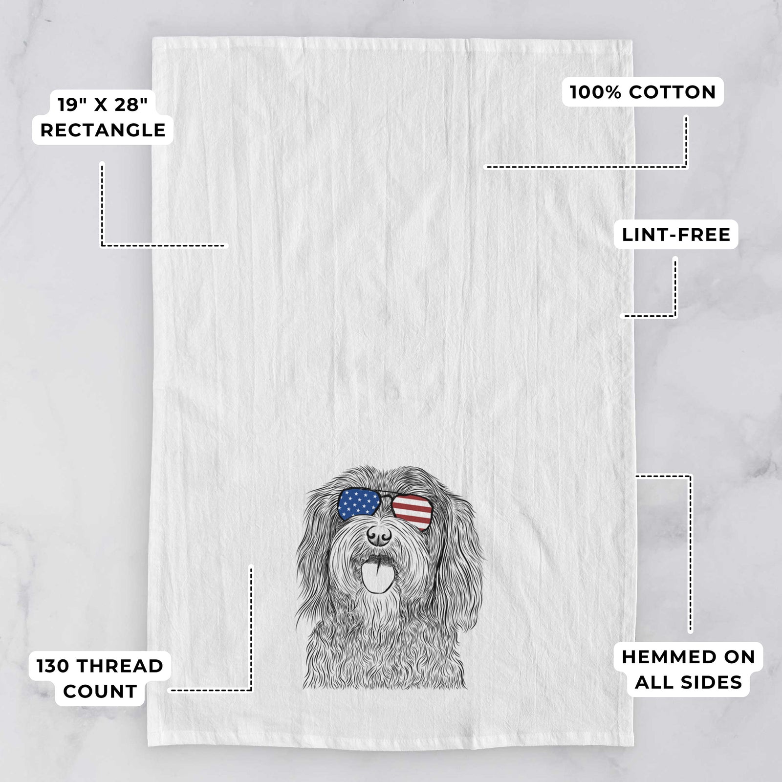 Hand-drawn sketch of Sophie the Havanese wearing American flag sunglasses on a tea towel, with feature callouts: 19 x 28 inch rectangle, 100% cotton, lint-free, 120 thread count, hemmed on all sides