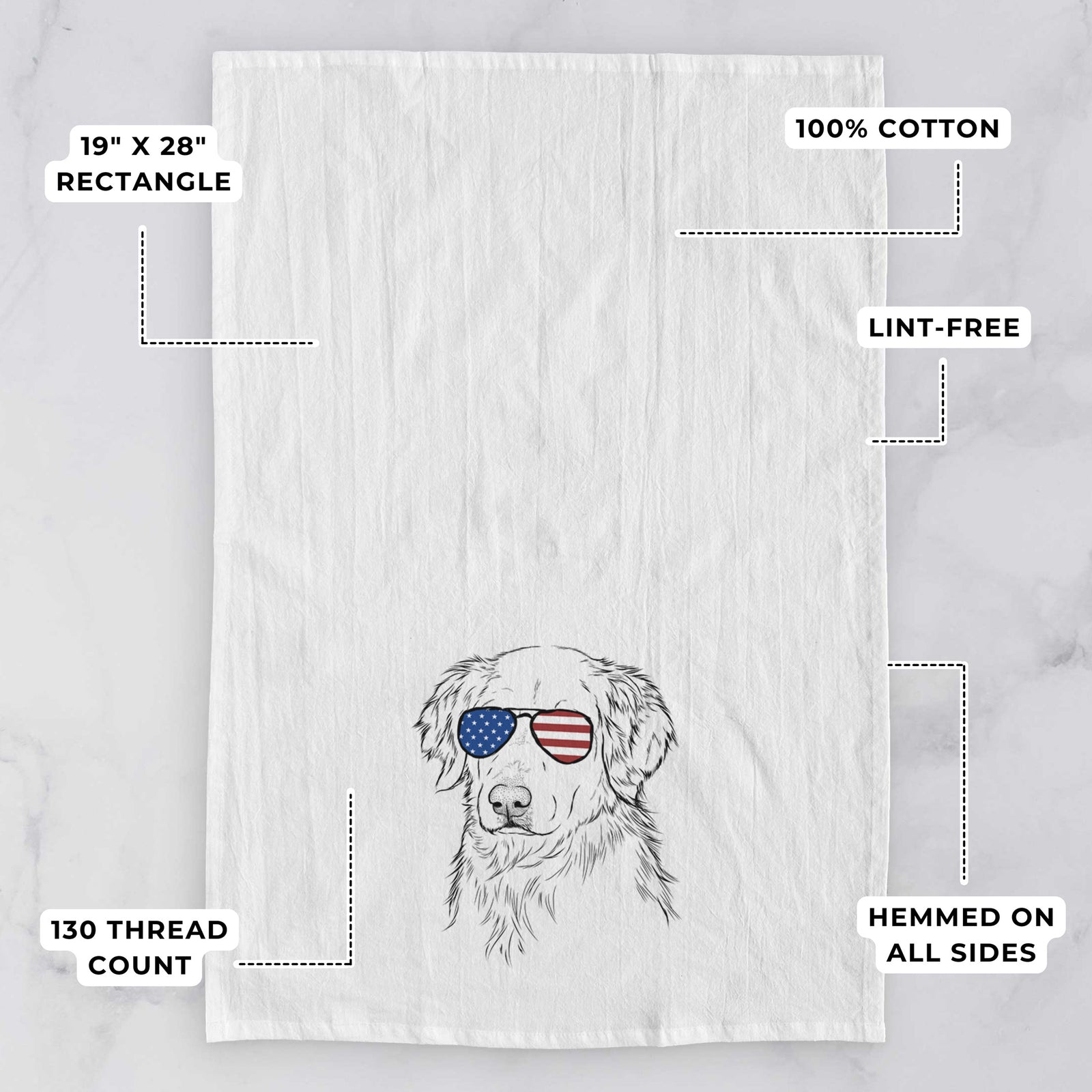 Hand-drawn sketch of Spencer the Golden Retriever wearing American flag sunglasses on a tea towel, with feature callouts: 19 x 28 inch rectangle, 100% cotton, lint-free, 120 thread count, hemmed on all sides