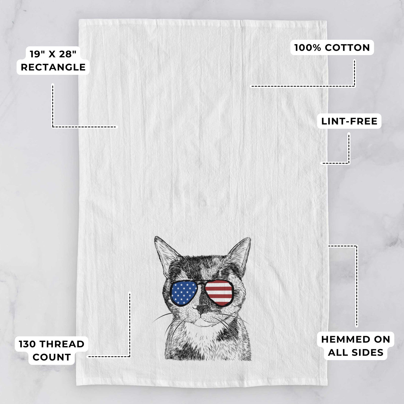 Hand-drawn sketch of Spooky Kitty the Tortoiseshell Cat wearing American flag sunglasses on a tea towel, with feature callouts: 19 x 28 inch rectangle, 100% cotton, lint-free, 120 thread count, hemmed on all sides