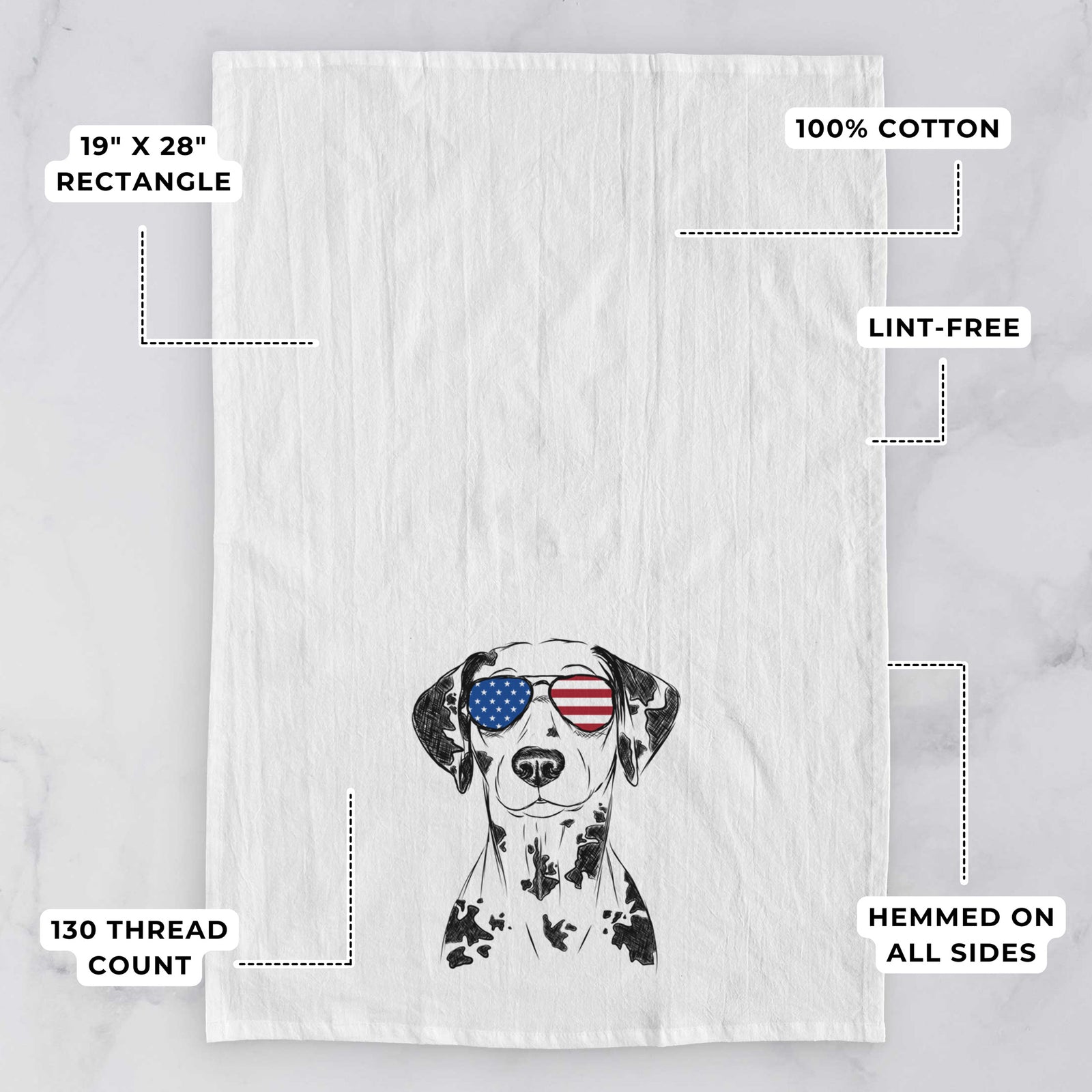 Hand-drawn sketch of Spot the Dalmatian wearing American flag sunglasses on a tea towel, with feature callouts: 19 x 28 inch rectangle, 100% cotton, lint-free, 120 thread count, hemmed on all sides