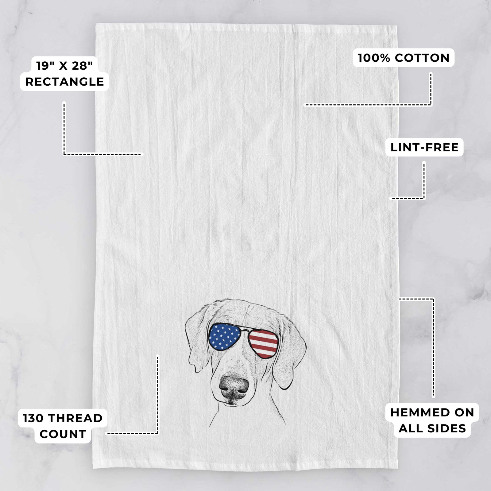 Hand-drawn sketch of Stanley the Foxhound wearing American flag sunglasses on a tea towel, with feature callouts: 19 x 28 inch rectangle, 100% cotton, lint-free, 120 thread count, hemmed on all sides