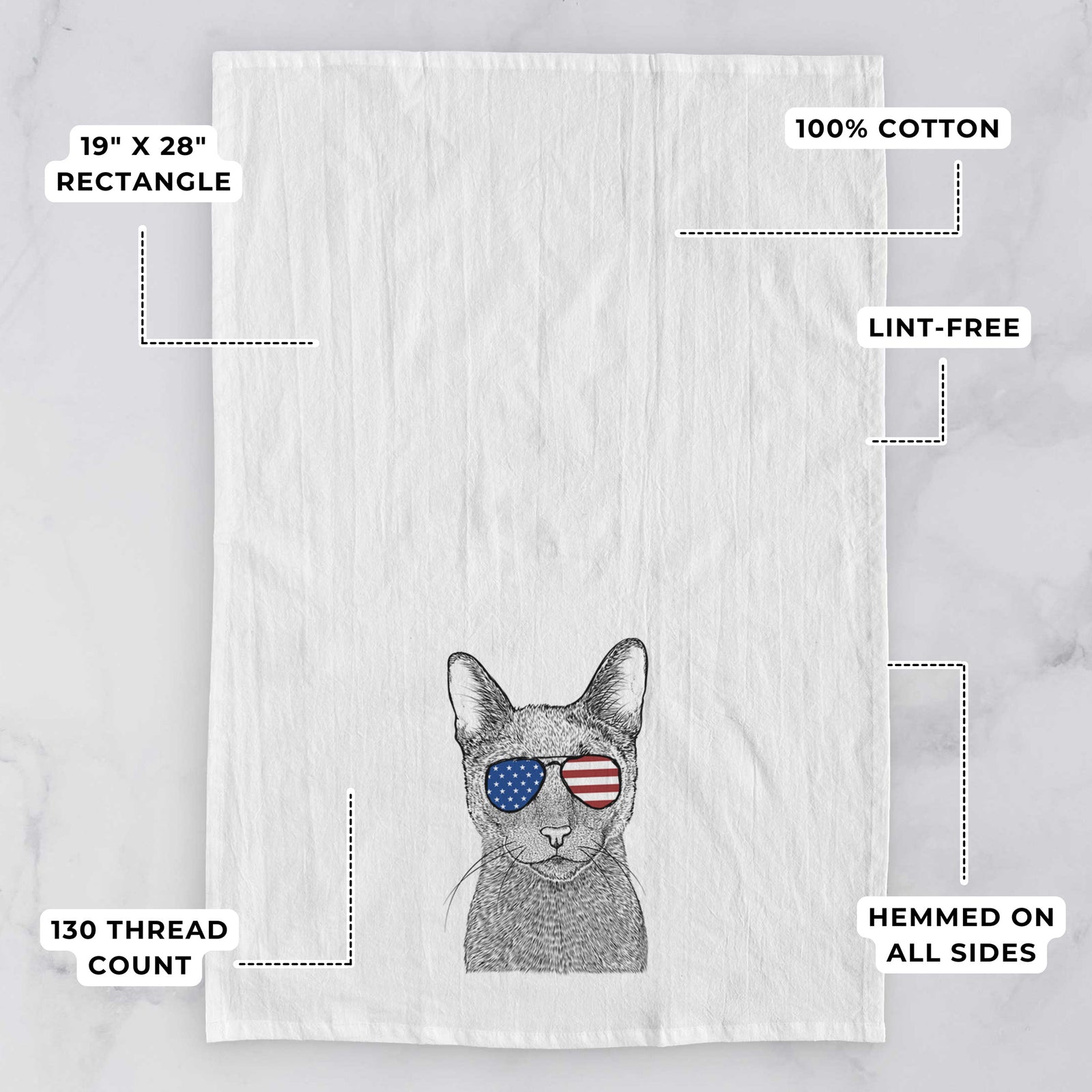 Hand-drawn sketch of Stanley the Russian Blue Cat wearing American flag sunglasses on a tea towel, with feature callouts: 19 x 28 inch rectangle, 100% cotton, lint-free, 120 thread count, hemmed on all sides