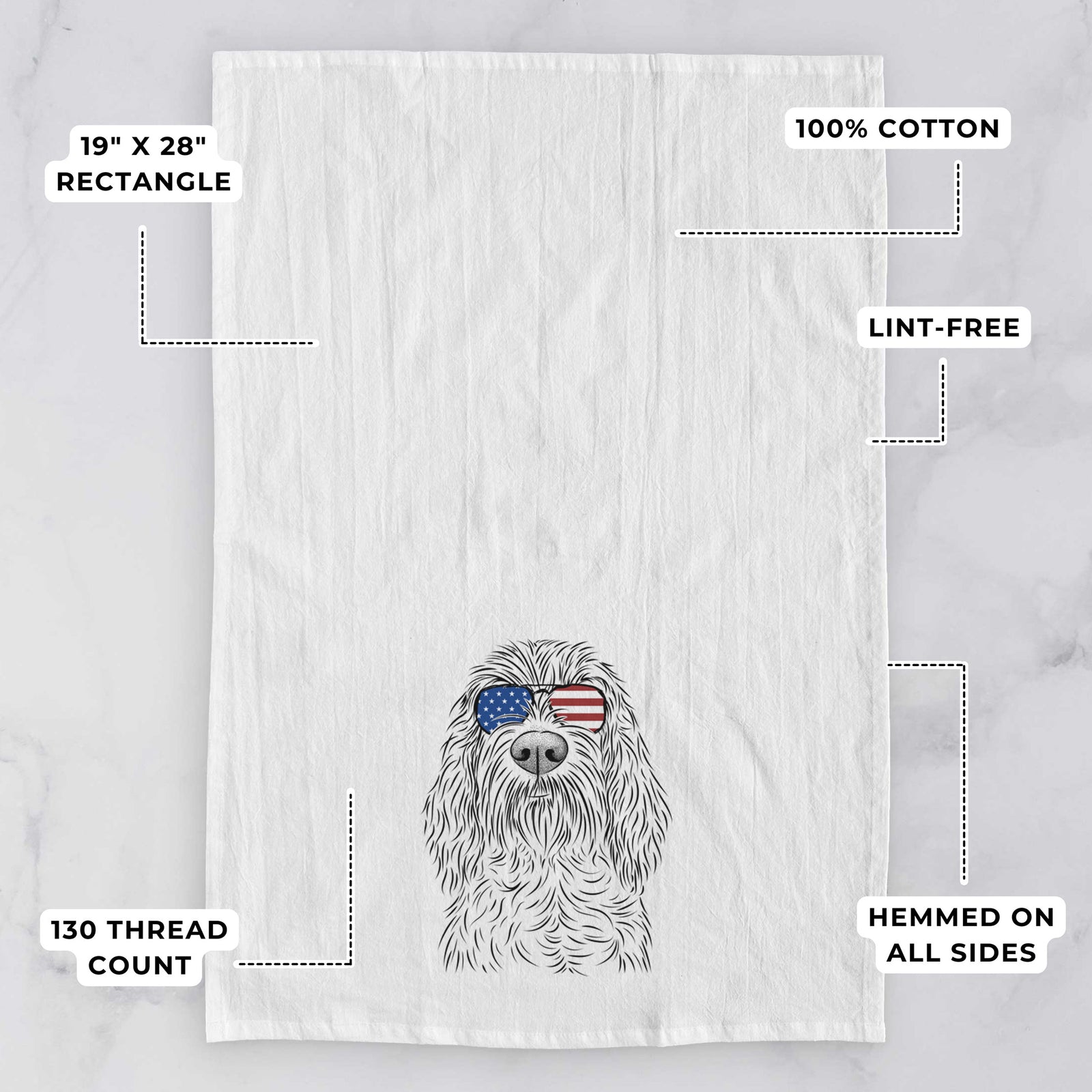 Hand-drawn sketch of Stefano the Spinone Italiano wearing American flag sunglasses on a tea towel, with feature callouts: 19 x 28 inch rectangle, 100% cotton, lint-free, 120 thread count, hemmed on all sides