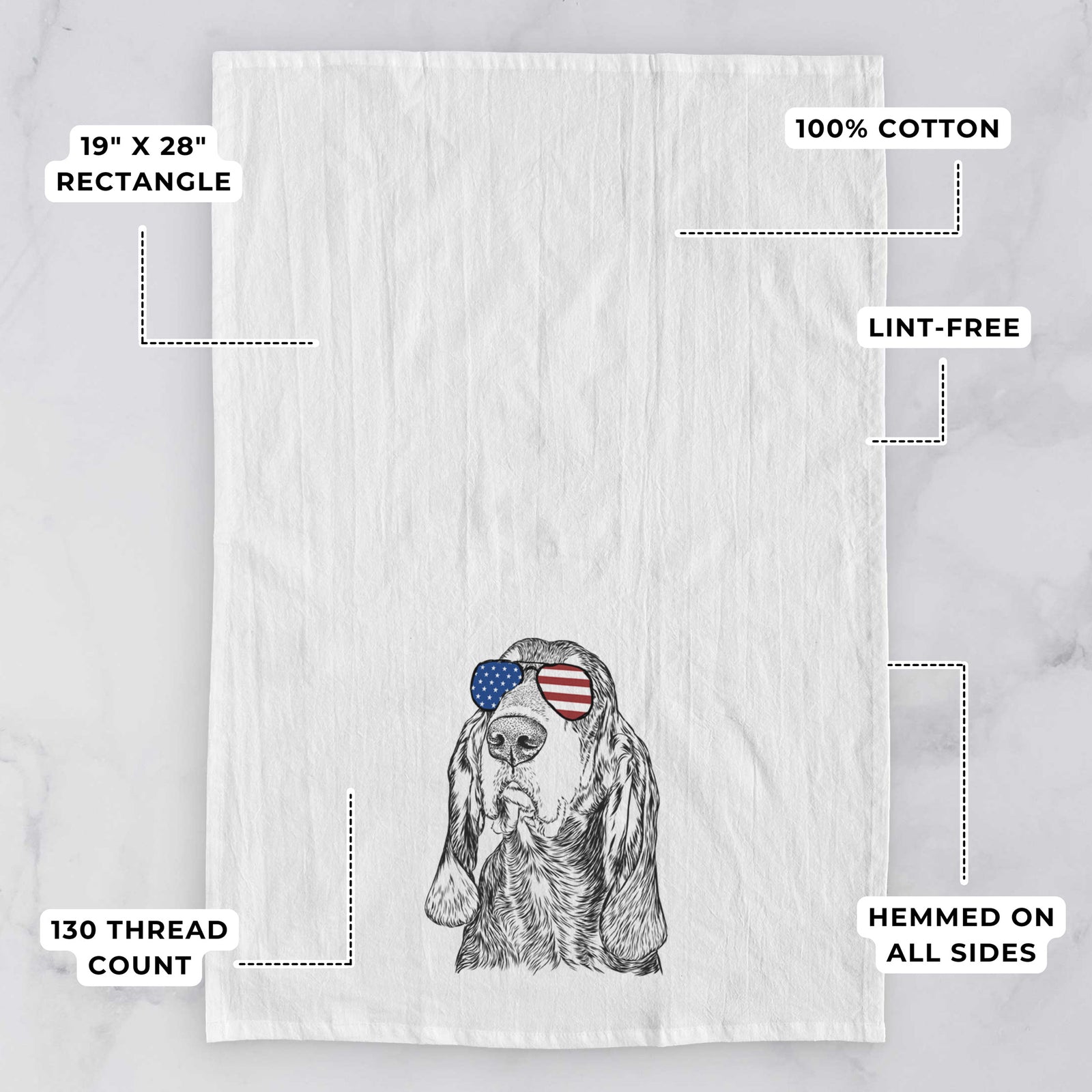 Hand-drawn sketch of Stu the Black and Tan Coonhound wearing American flag sunglasses on a tea towel, with feature callouts: 19 x 28 inch rectangle, 100% cotton, lint-free, 120 thread count, hemmed on all sides