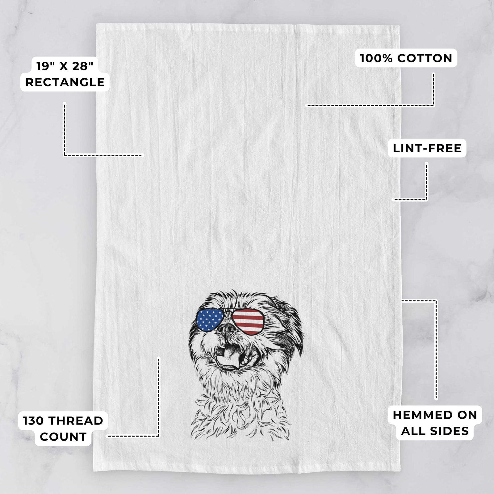 Hand-drawn sketch of Sugar the Malshi wearing American flag sunglasses on a tea towel, with feature callouts: 19 x 28 inch rectangle, 100% cotton, lint-free, 120 thread count, hemmed on all sides