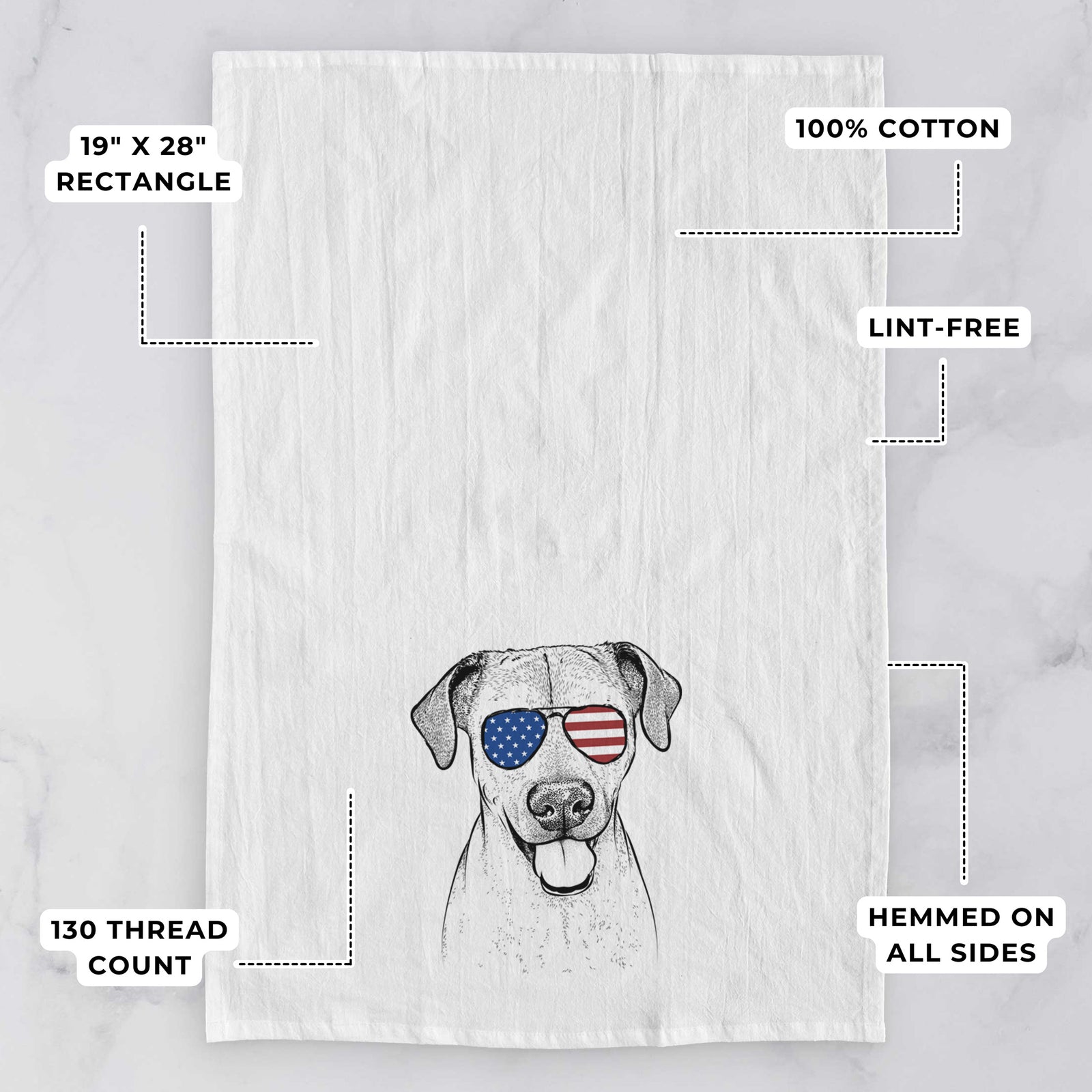 Hand-drawn sketch of Sugar the American Staffordshire Mix wearing American flag sunglasses on a tea towel, with feature callouts: 19 x 28 inch rectangle, 100% cotton, lint-free, 120 thread count, hemmed on all sides
