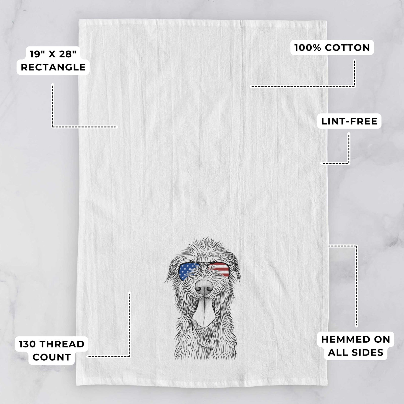 Hand-drawn sketch of Sullivan the Irish Wolfhound wearing American flag sunglasses on a tea towel, with feature callouts: 19 x 28 inch rectangle, 100% cotton, lint-free, 120 thread count, hemmed on all sides