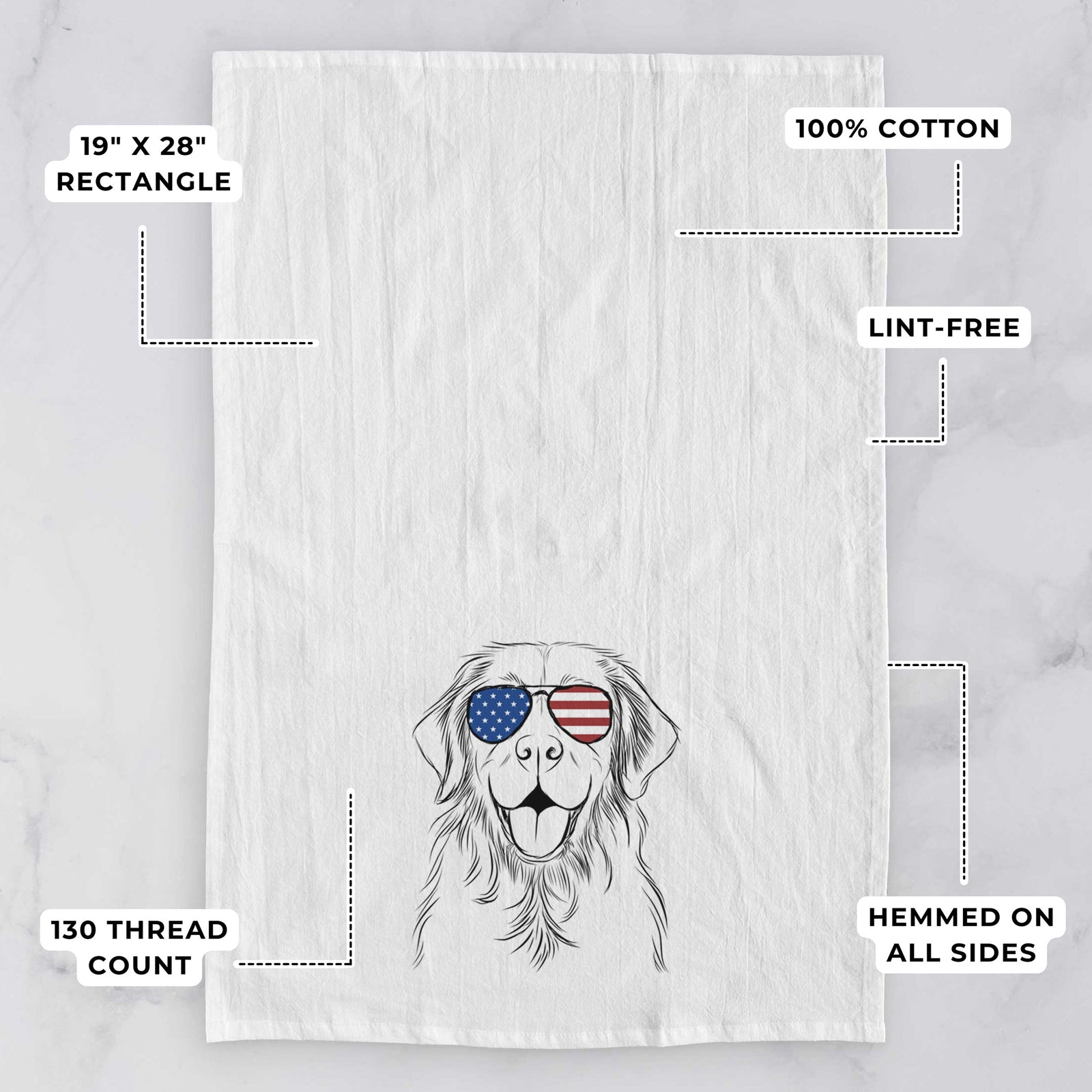 Hand-drawn sketch of Sunny the Golden Retriever wearing American flag sunglasses on a tea towel, with feature callouts: 19 x 28 inch rectangle, 100% cotton, lint-free, 120 thread count, hemmed on all sides
