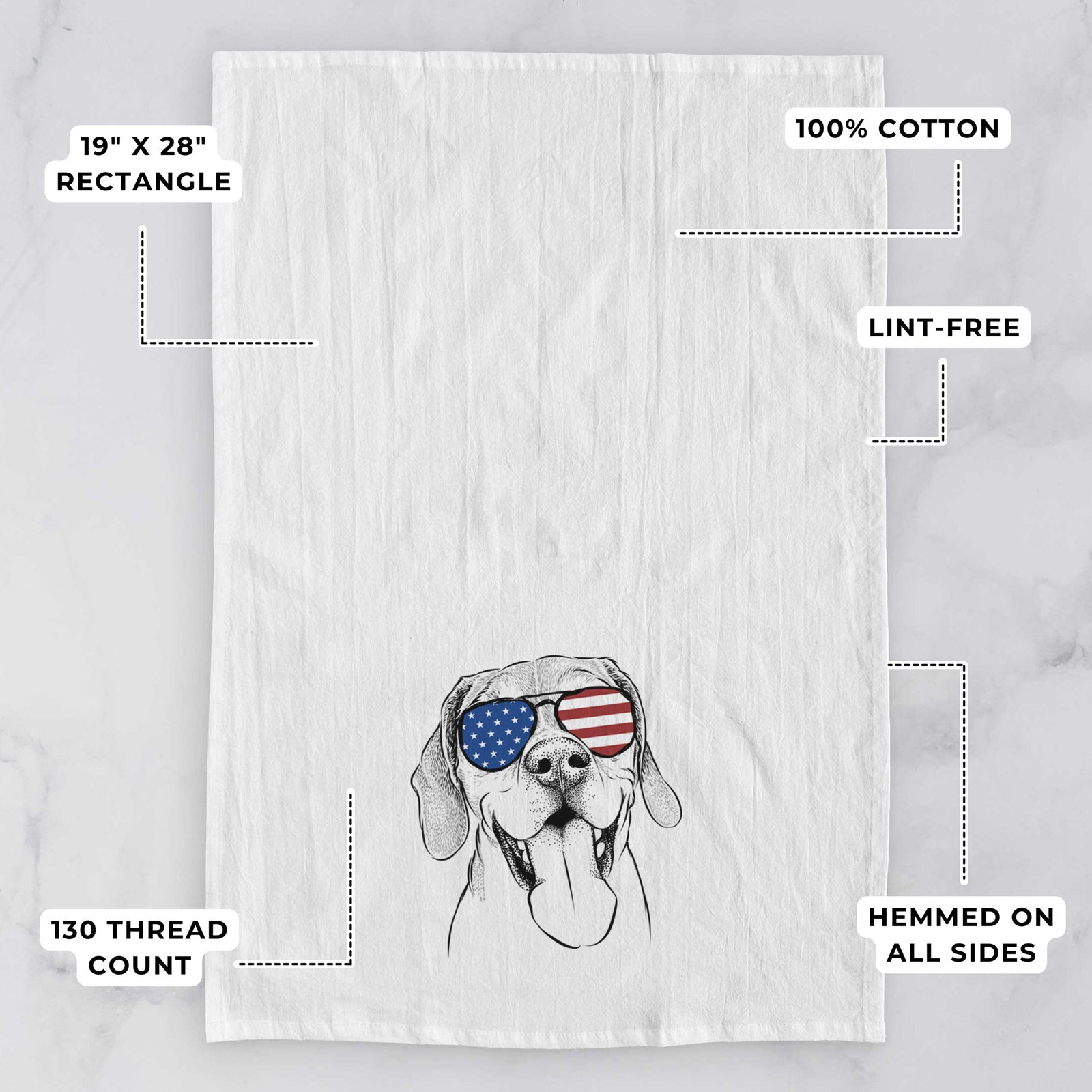 Hand-drawn sketch of Sunny the Beagle wearing American flag sunglasses on a tea towel, with feature callouts: 19 x 28 inch rectangle, 100% cotton, lint-free, 120 thread count, hemmed on all sides