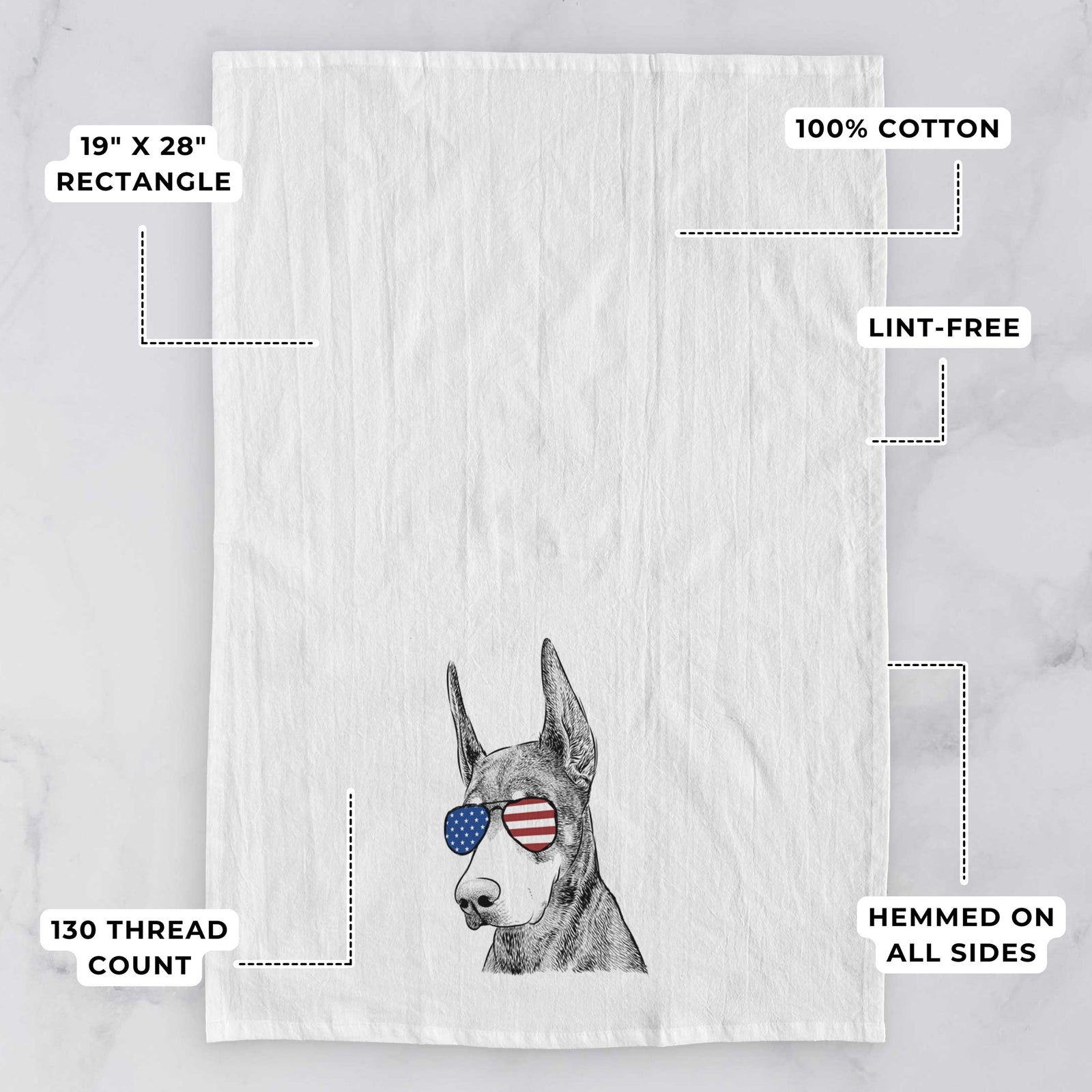 Hand-drawn sketch of Sunny the Doberman Pinscher wearing American flag sunglasses on a tea towel, with feature callouts: 19 x 28 inch rectangle, 100% cotton, lint-free, 120 thread count, hemmed on all sides