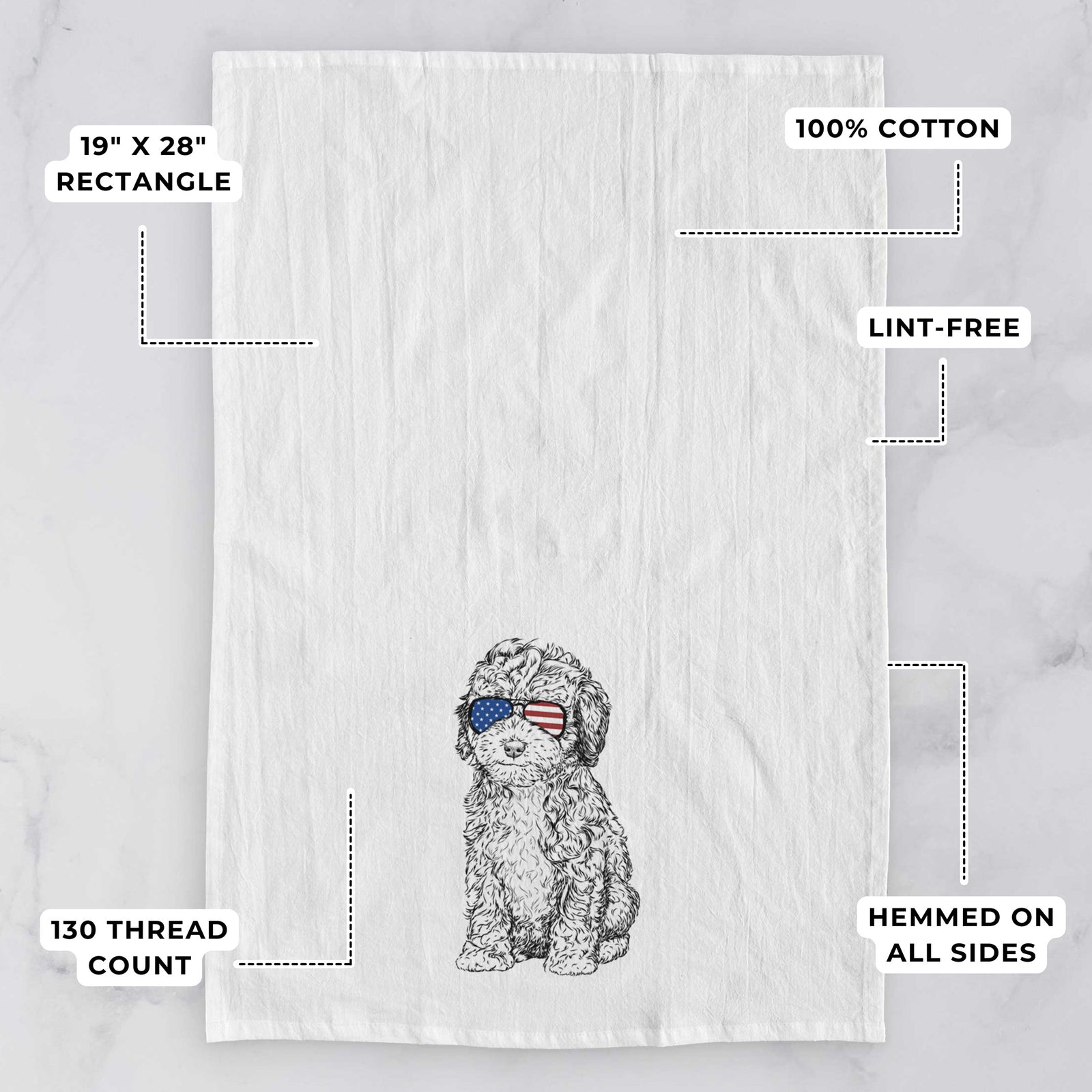 Hand-drawn sketch of Sweet Tea the Mini Doodle wearing American flag sunglasses on a tea towel, with feature callouts: 19 x 28 inch rectangle, 100% cotton, lint-free, 120 thread count, hemmed on all sides