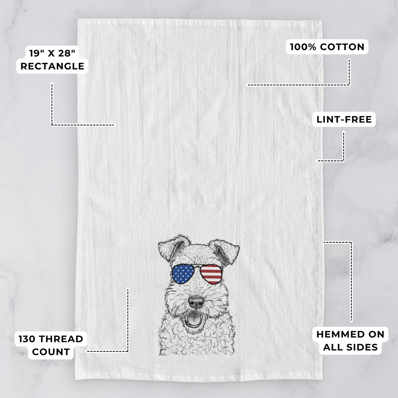 Hand-drawn sketch of Ted the Wire Fox Terrier wearing American flag sunglasses on a tea towel, with feature callouts: 19 x 28 inch rectangle, 100% cotton, lint-free, 120 thread count, hemmed on all sides