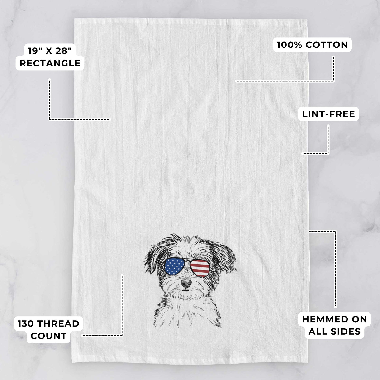 Hand-drawn sketch of Teddy the Havanese wearing American flag sunglasses on a tea towel, with feature callouts: 19 x 28 inch rectangle, 100% cotton, lint-free, 120 thread count, hemmed on all sides