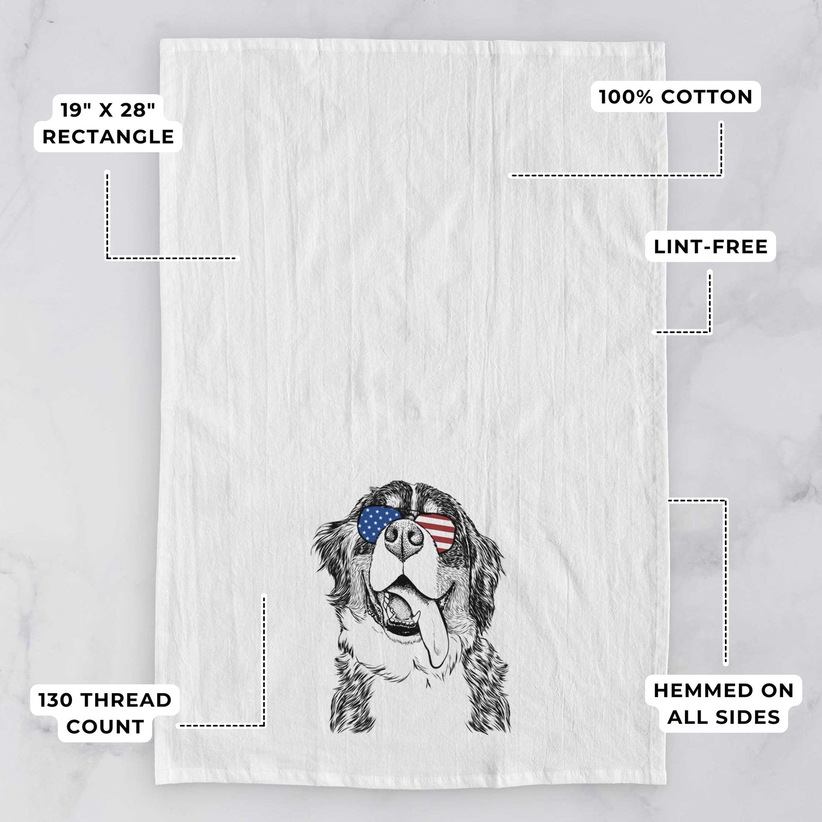 Hand-drawn sketch of Theo the Bernese Mountain Dog wearing American flag sunglasses on a tea towel, with feature callouts: 19 x 28 inch rectangle, 100% cotton, lint-free, 120 thread count, hemmed on all sides